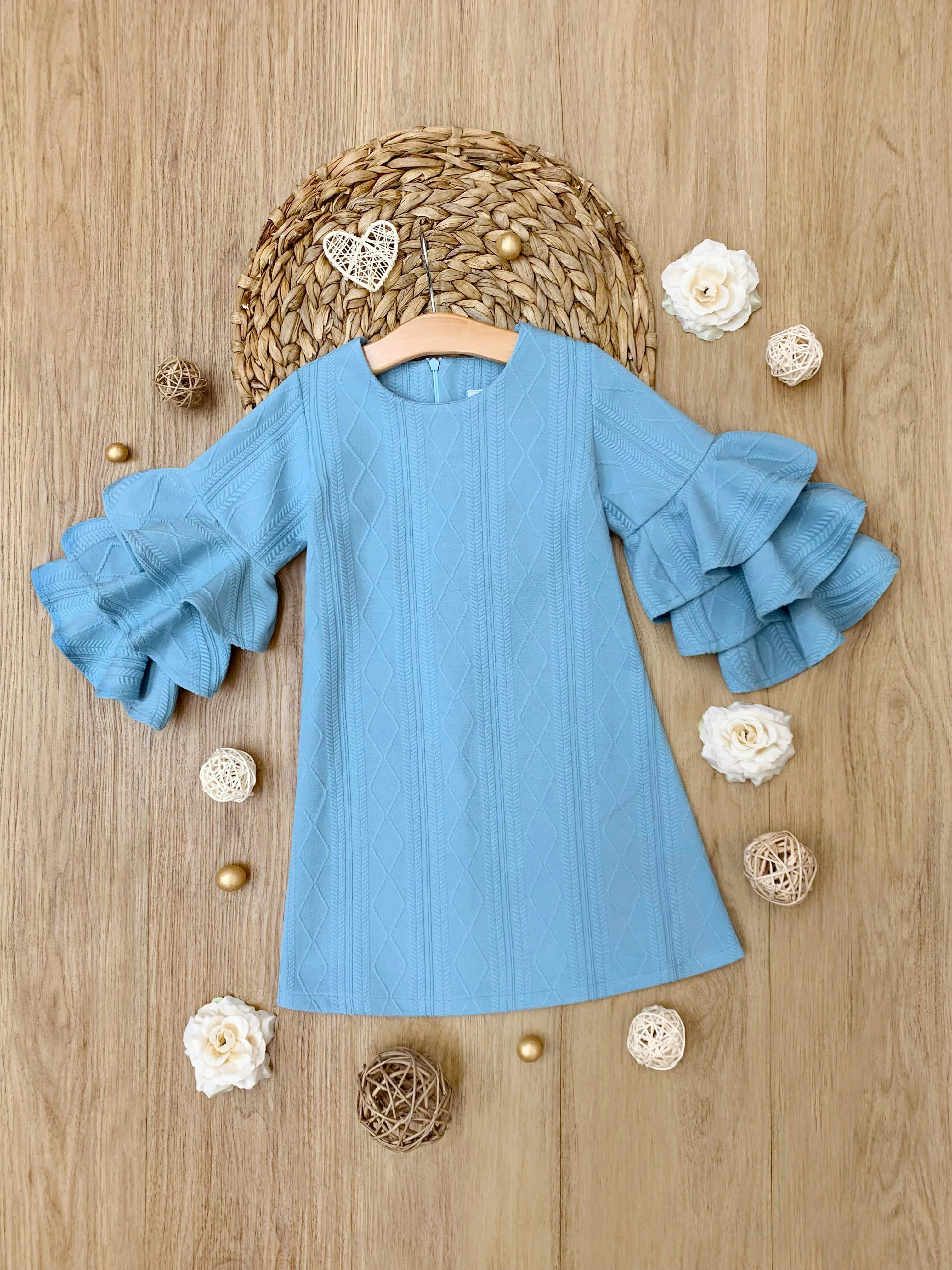 Charming Blue Ruffle Sleeve Cable Knit Sweater Dress - Image 8