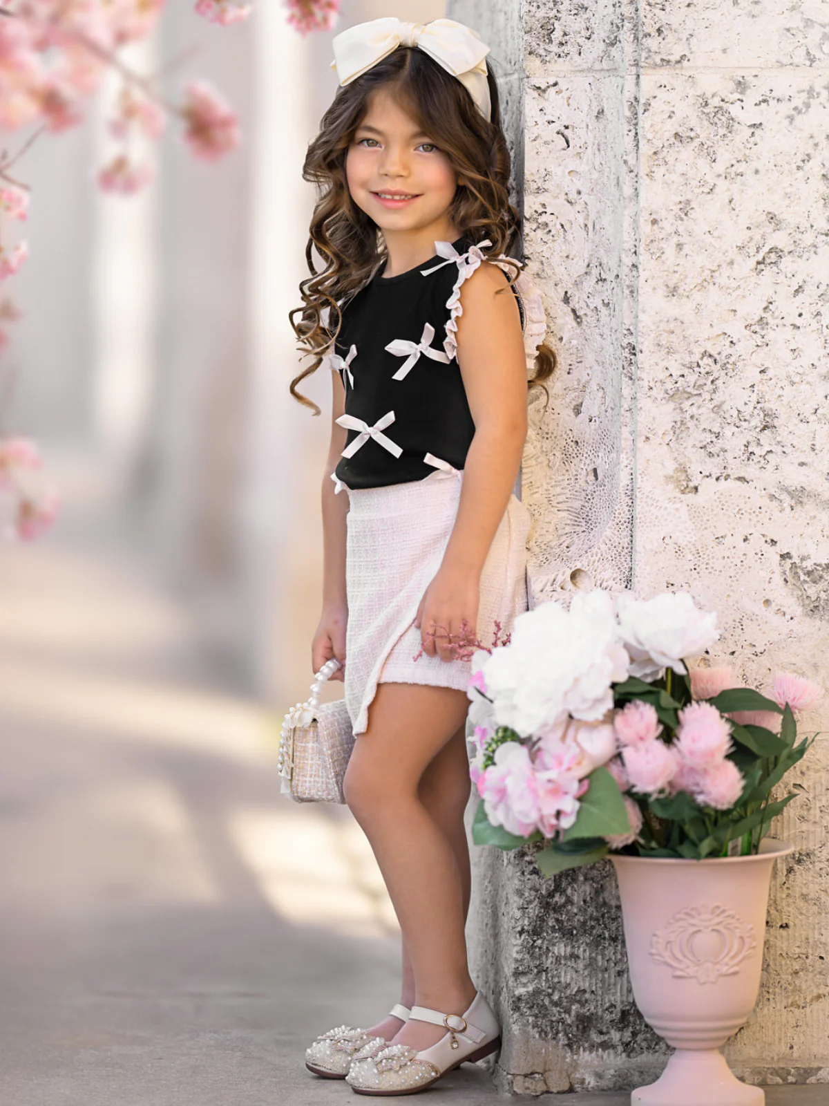 Black Bow Ribbed Top and Cream Tweed Skort Set - Image 5