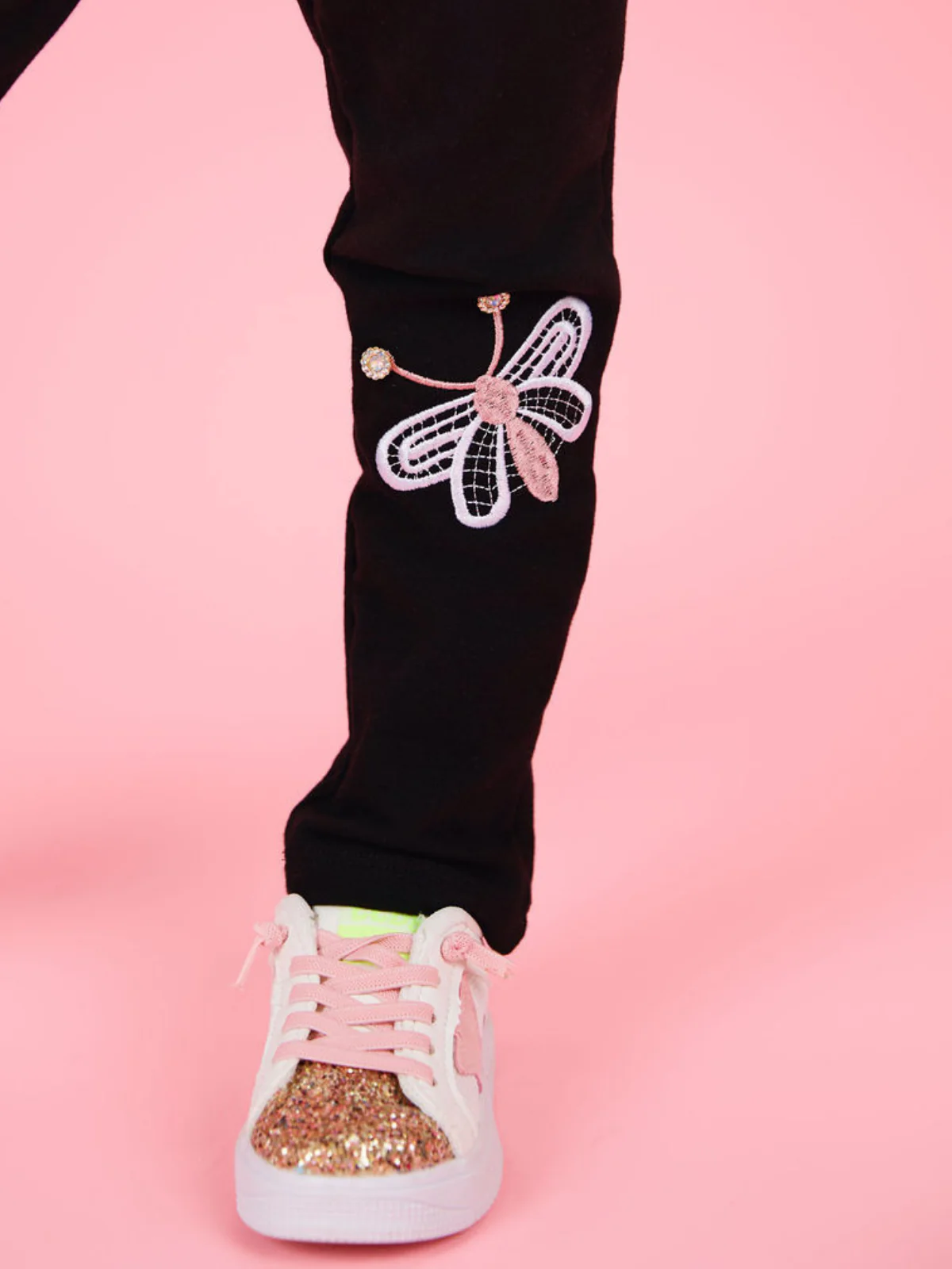 Butterfly Wings Artisan-Stitched Black Cotton Leggings - Image 2