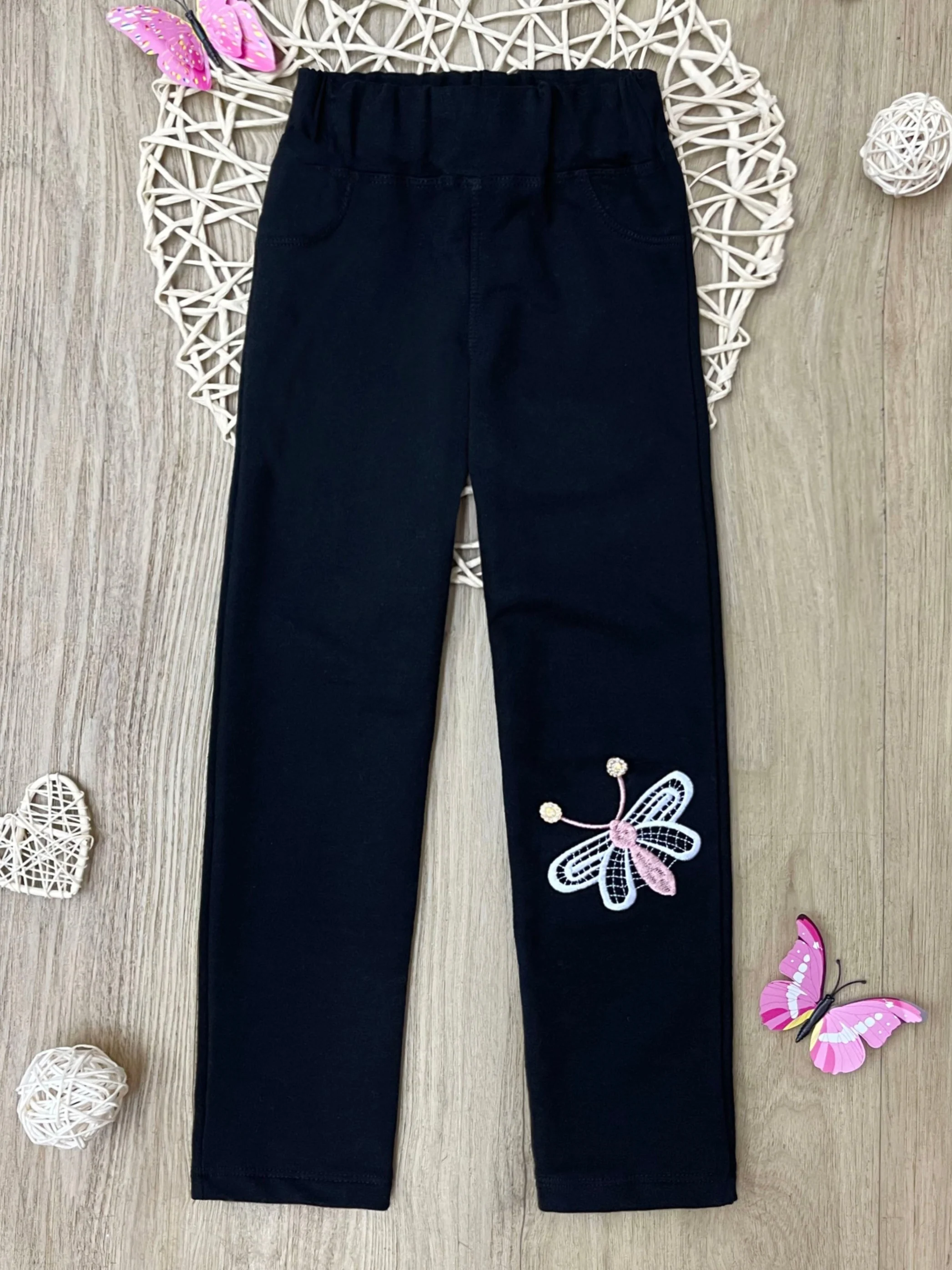 Butterfly Wings Artisan-Stitched Black Cotton Leggings - Image 5