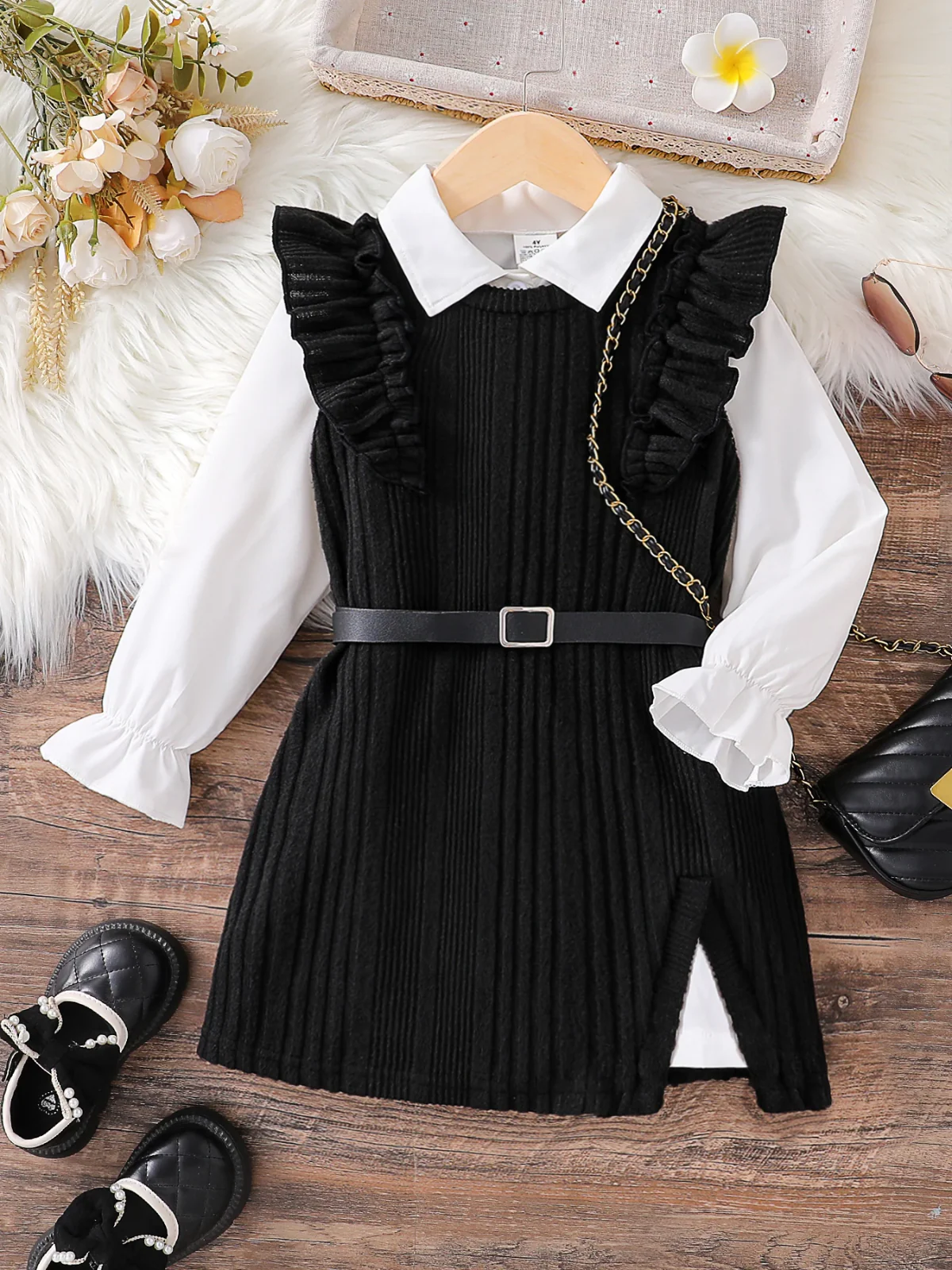 Black Ribbed Knit Ruffle Sleeve Dress with White Collar Shirt - Image 2