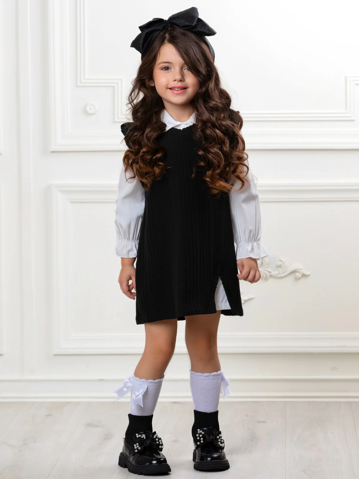 Black Ribbed Knit Ruffle Sleeve Dress with White Collar Shirt - Image 3