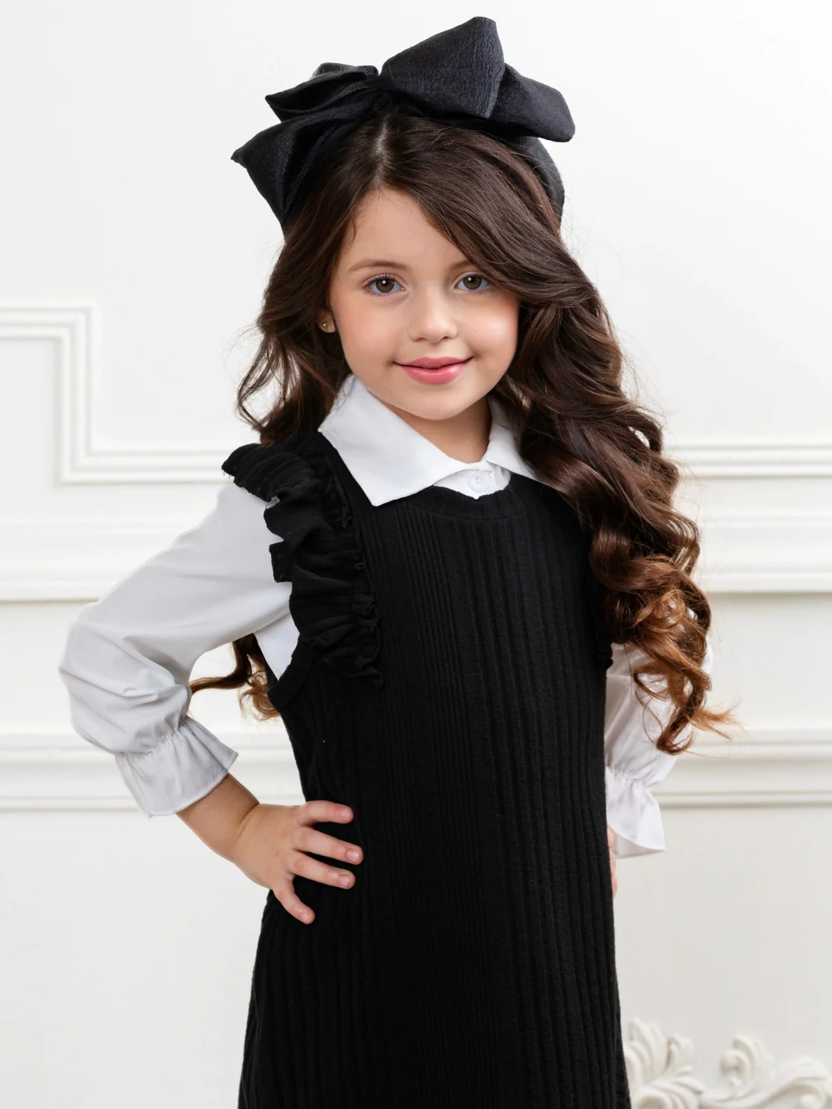 Black Ribbed Knit Ruffle Sleeve Dress with White Collar Shirt - Image 4