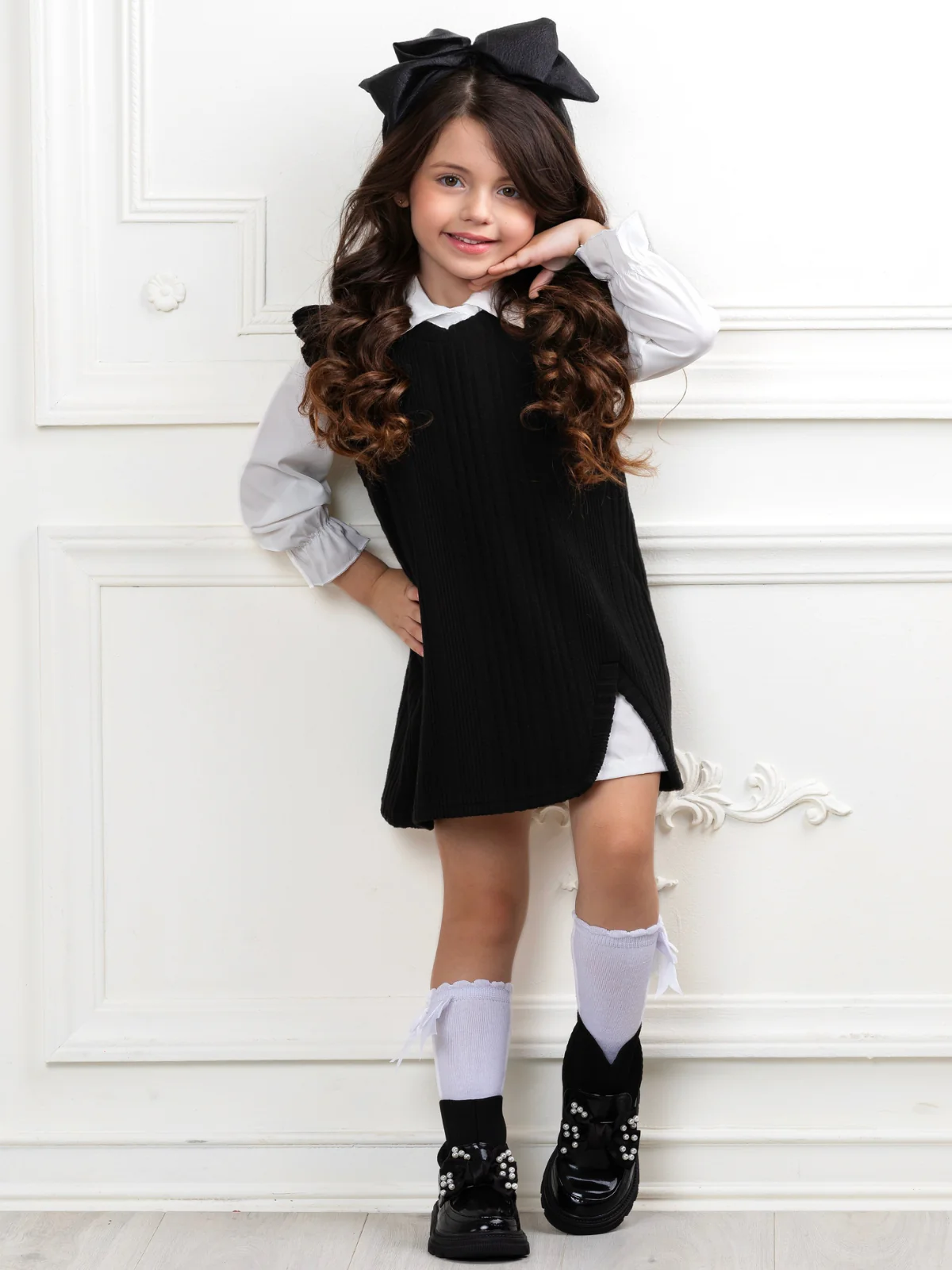Black Ribbed Knit Ruffle Sleeve Dress with White Collar Shirt - Image 5