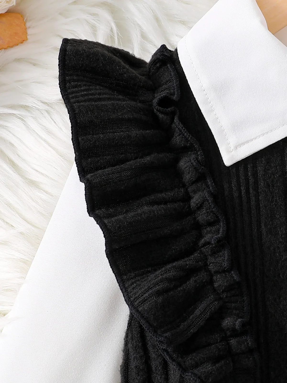 Black Ribbed Knit Ruffle Sleeve Dress with White Collar Shirt - Image 6