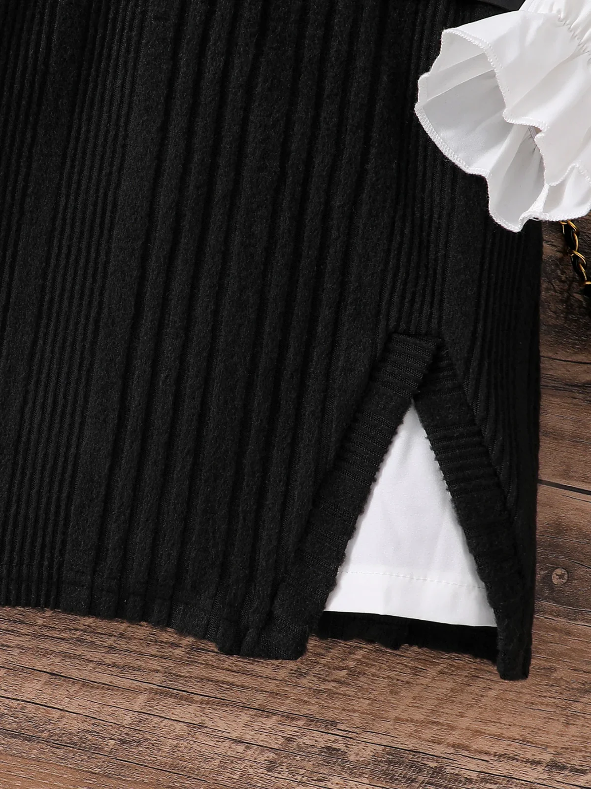 Black Ribbed Knit Ruffle Sleeve Dress with White Collar Shirt - Image 7