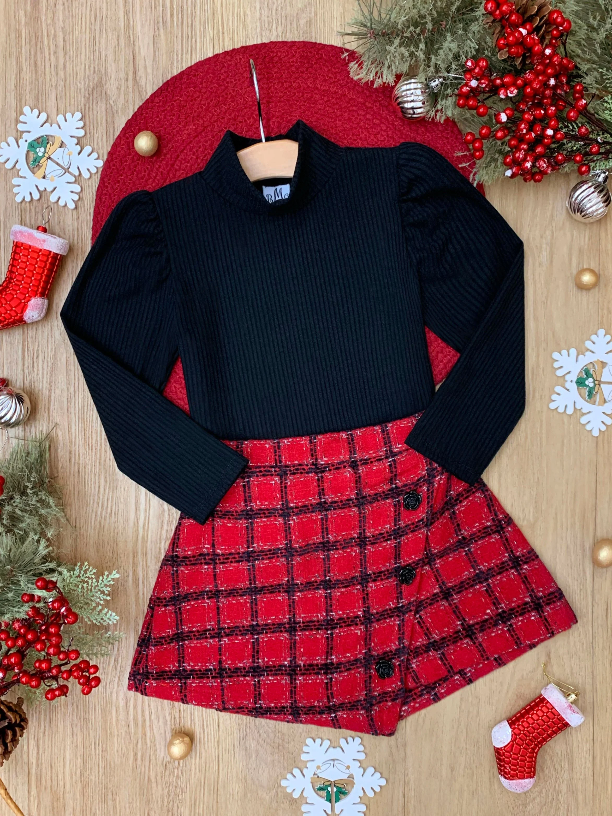 Black Turtleneck Top and Red Tweed Skort Set - Image 4