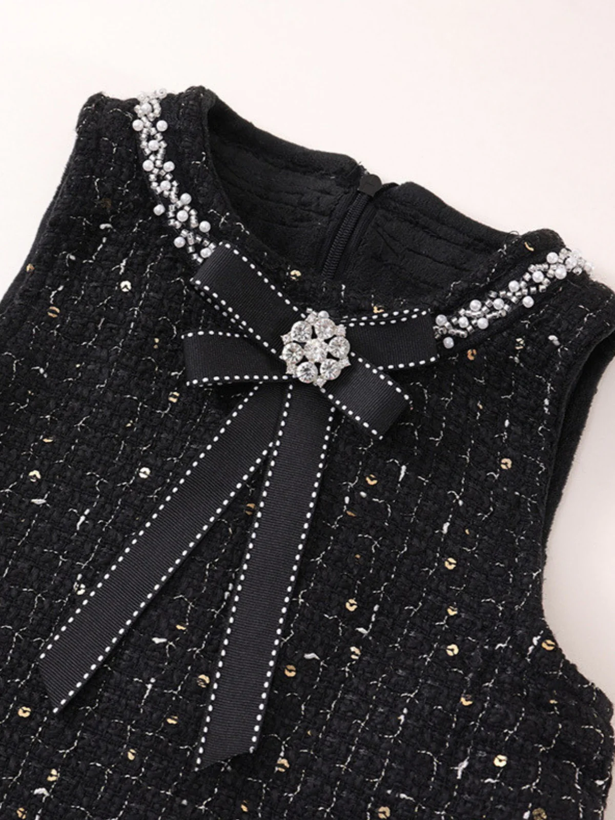 Black Tweed Pearl Bow Ruffle Tank Dress - Image 2