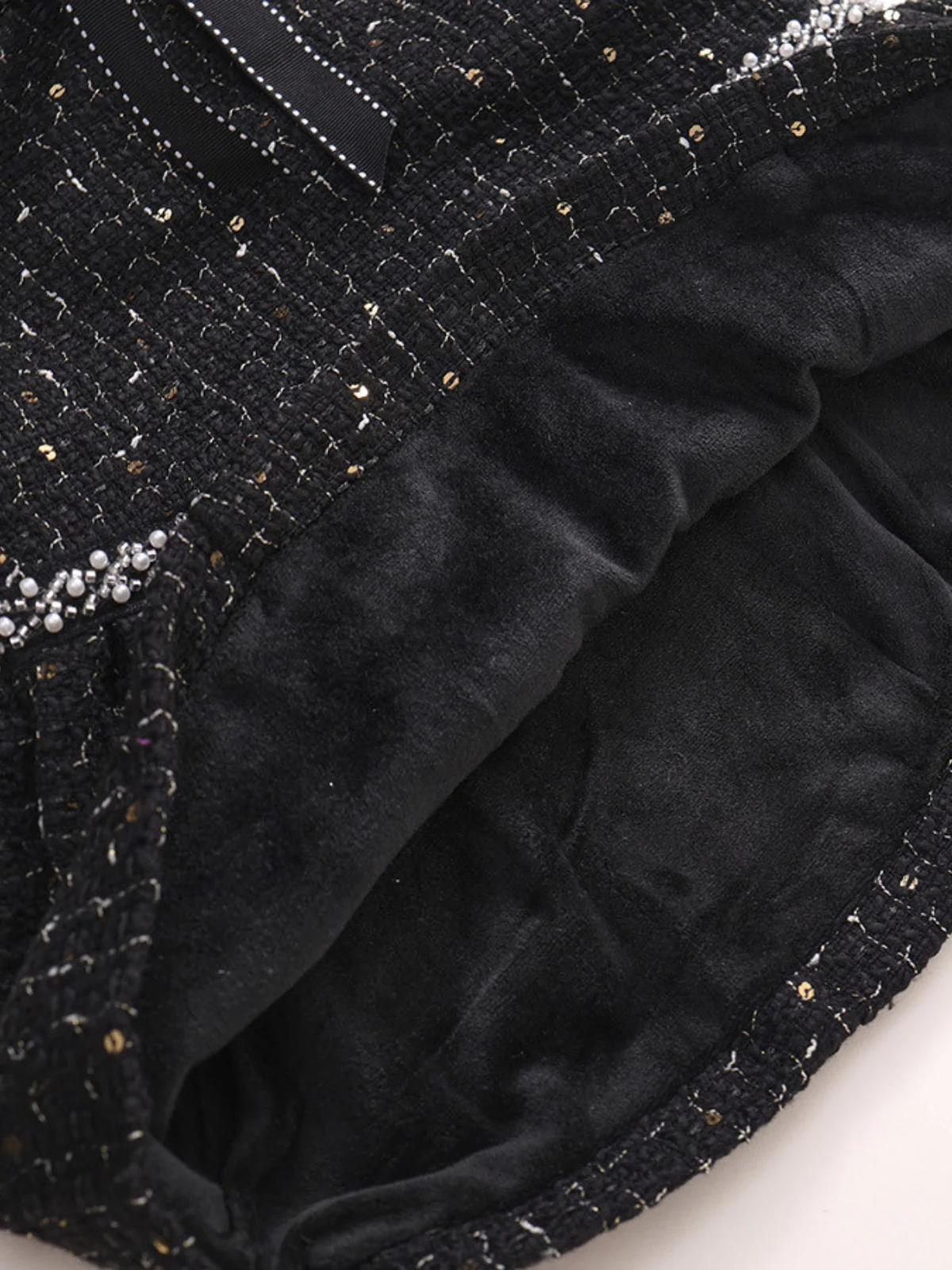 Black Tweed Pearl Bow Ruffle Tank Dress - Image 3
