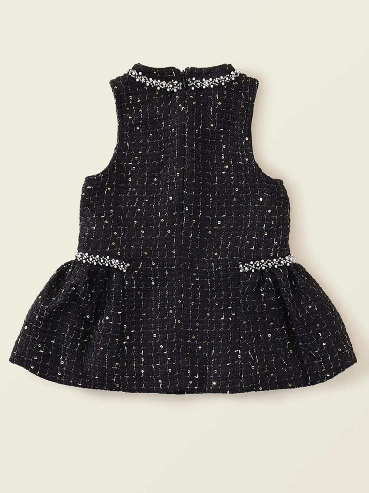 Black Tweed Pearl Bow Ruffle Tank Dress - Image 4