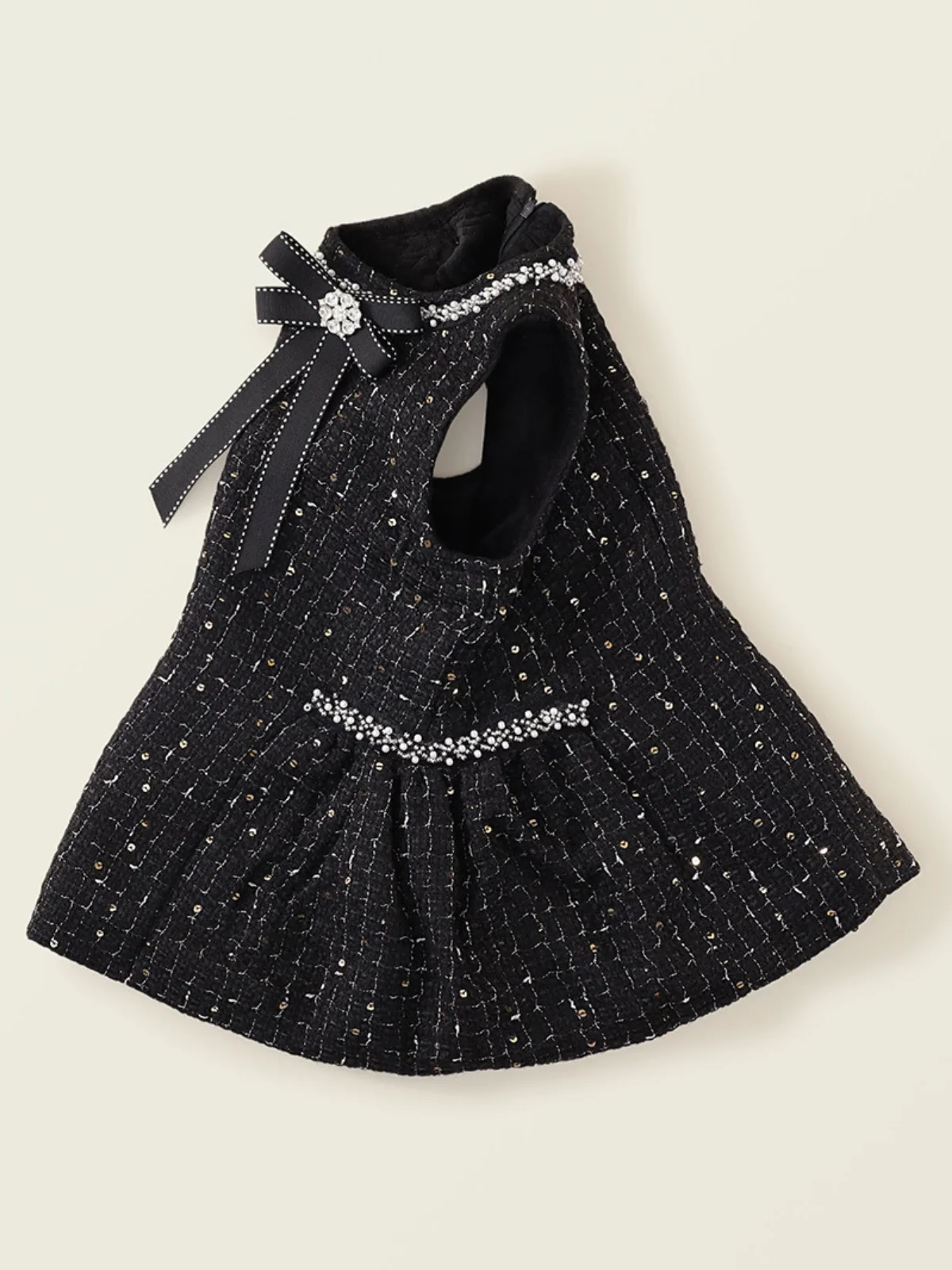 Black Tweed Pearl Bow Ruffle Tank Dress - Image 5