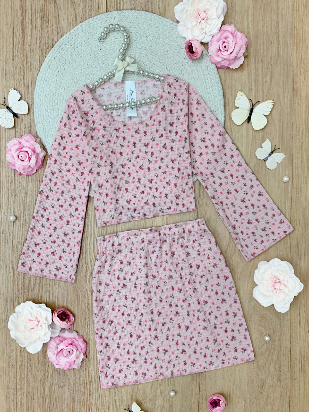 Blossom Beauty Bell Sleeve Top and Ribbed Skirt Set - Image 2