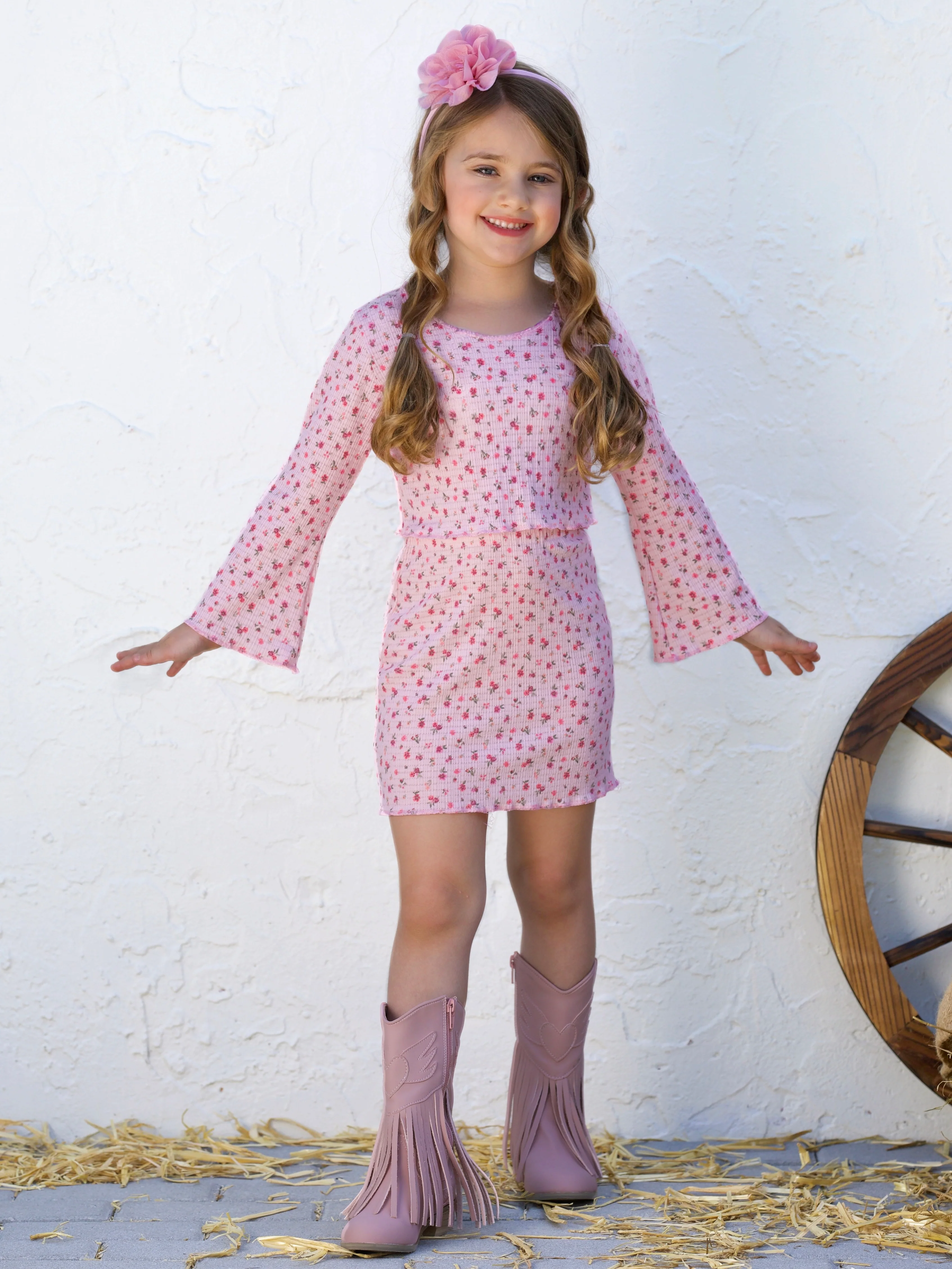 Blossom Beauty Bell Sleeve Top and Ribbed Skirt Set - Image 3
