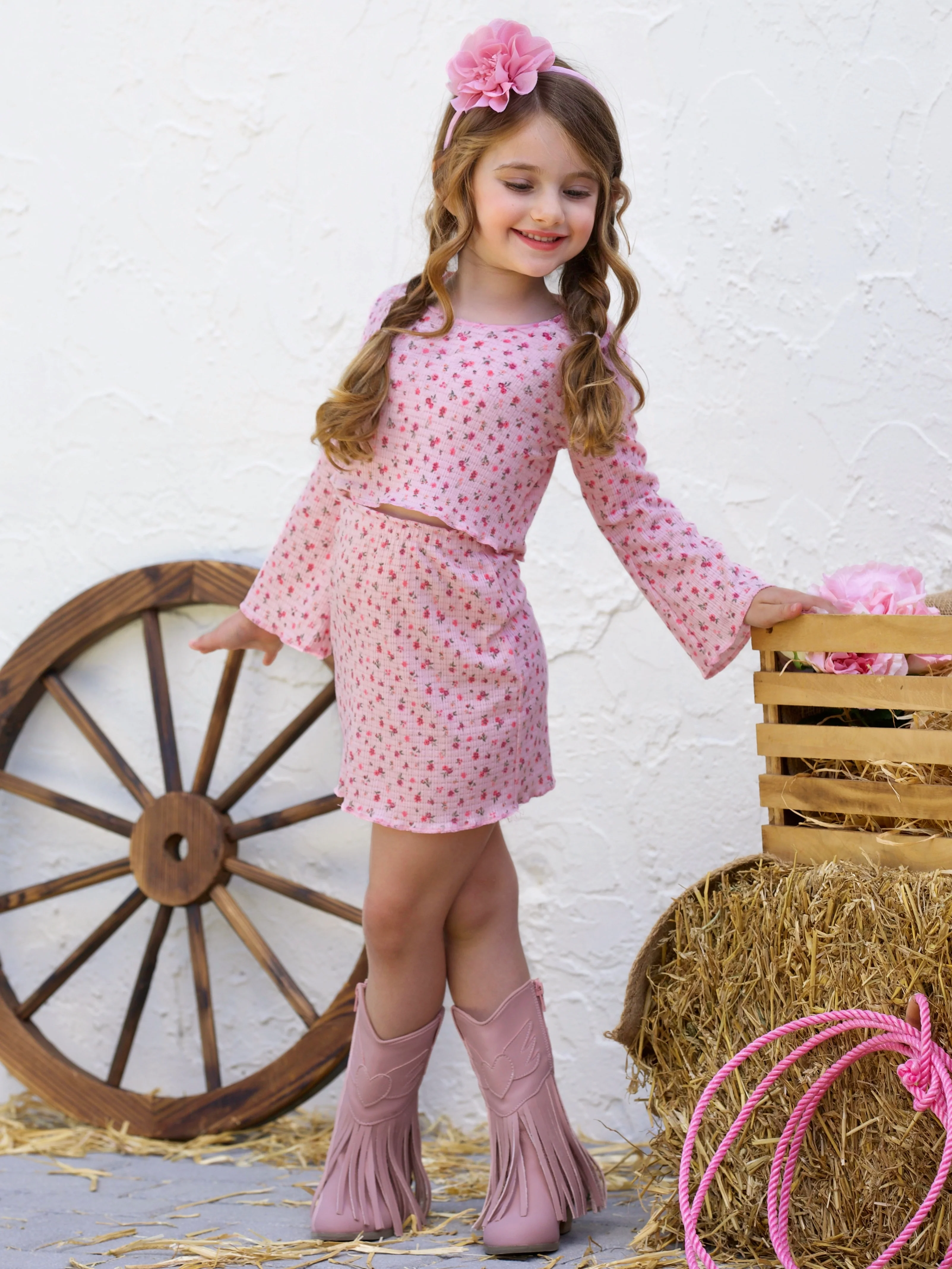 Blossom Beauty Bell Sleeve Top and Ribbed Skirt Set - Image 5