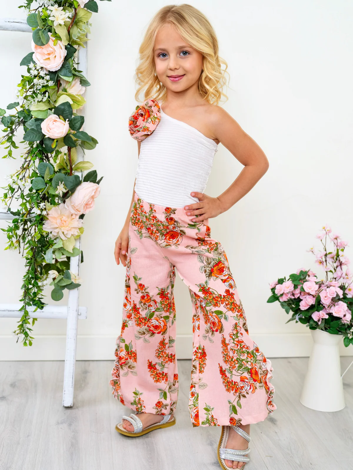 Blossom Garden One-Shoulder Top and Palazzo Pants Set