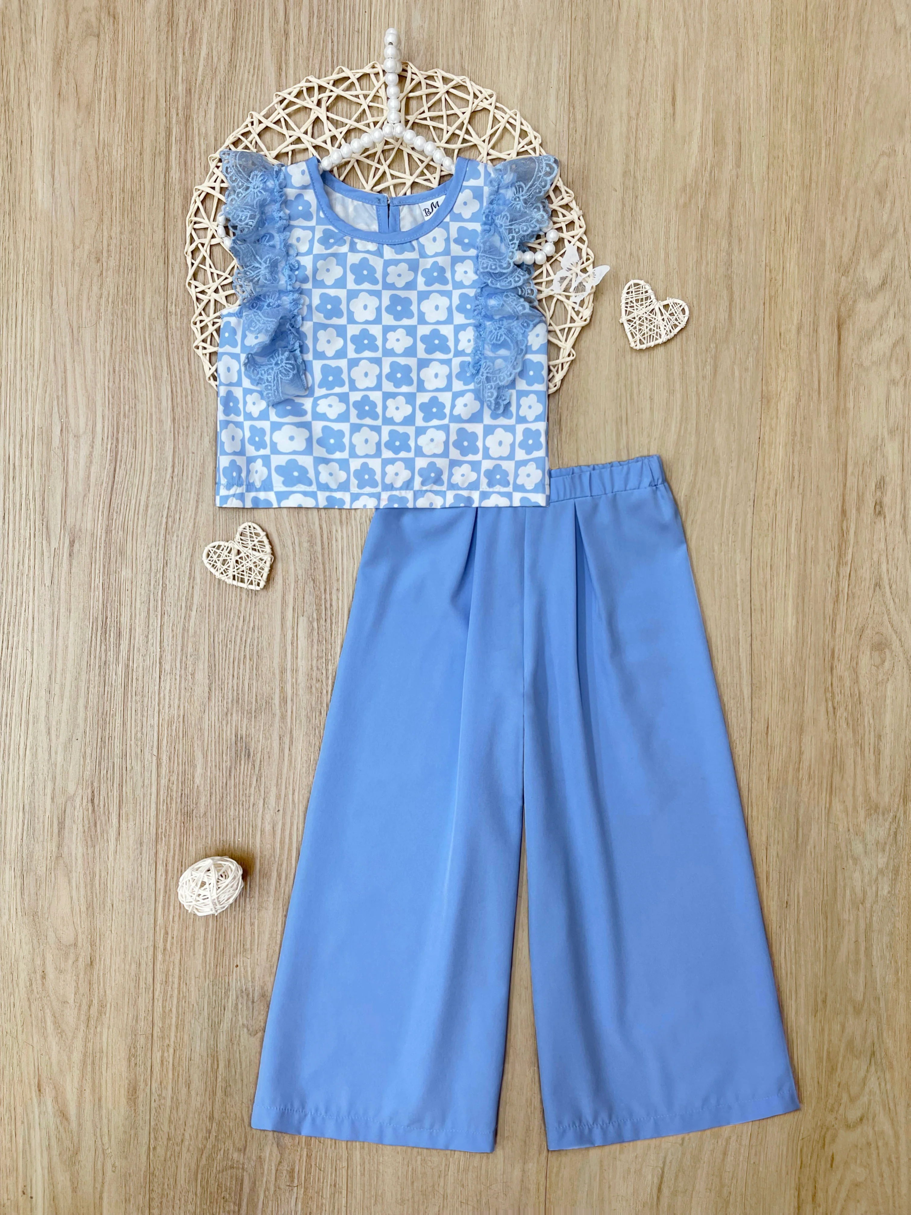 Blue Bloom Lace Flutter Top & Wide Leg Pant Set - Image 2