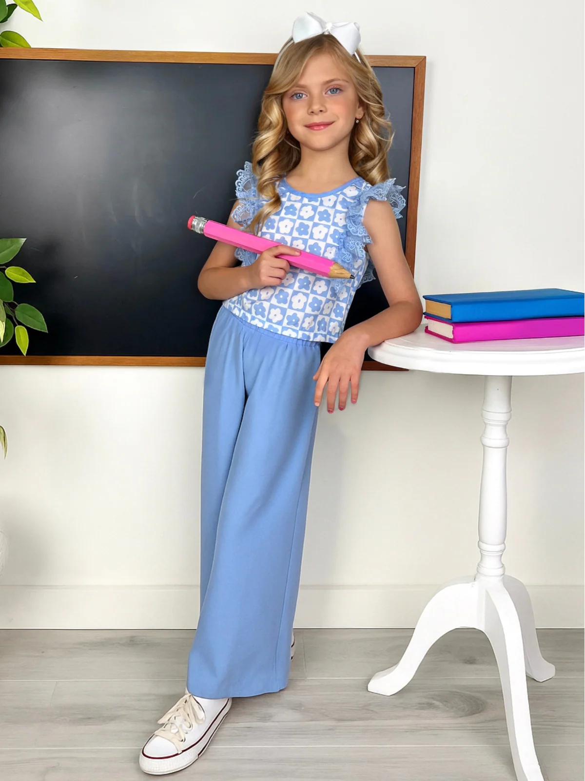 Blue Bloom Lace Flutter Top & Wide Leg Pant Set - Image 4