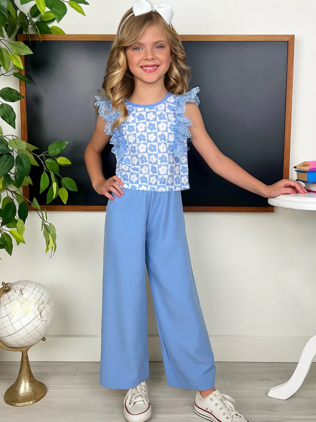 Blue Bloom Lace Flutter Top & Wide Leg Pant Set - Image 5