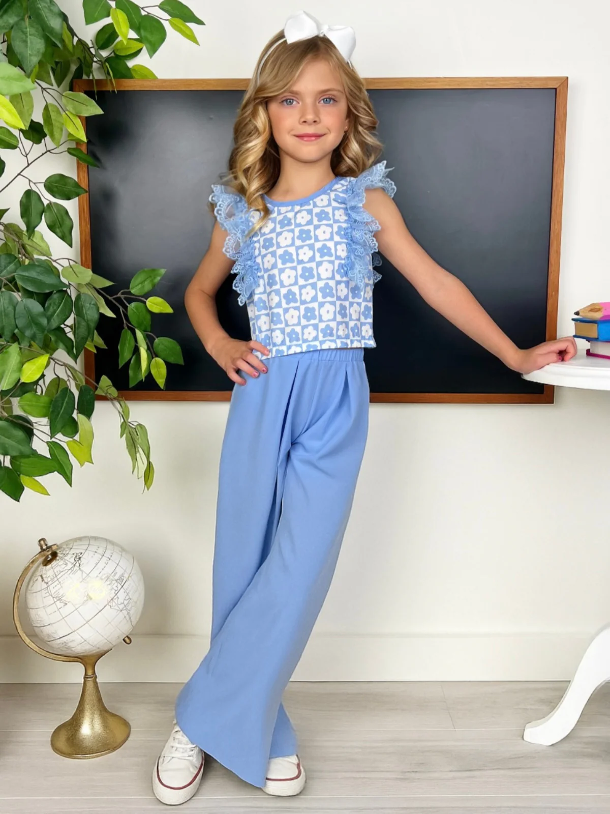 Blue Bloom Lace Flutter Top & Wide Leg Pant Set - Image 6