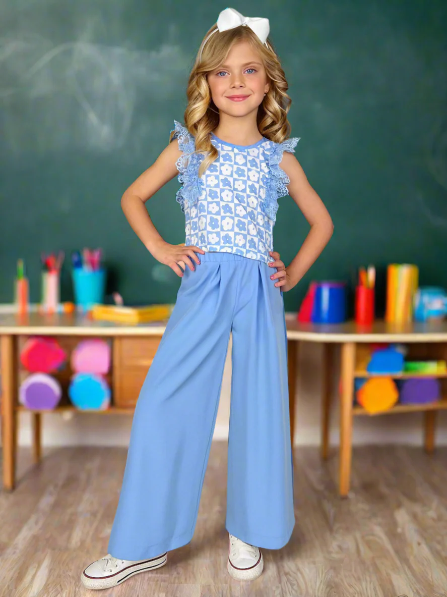 Blue Bloom Lace Flutter Top & Wide Leg Pant Set - Image 7