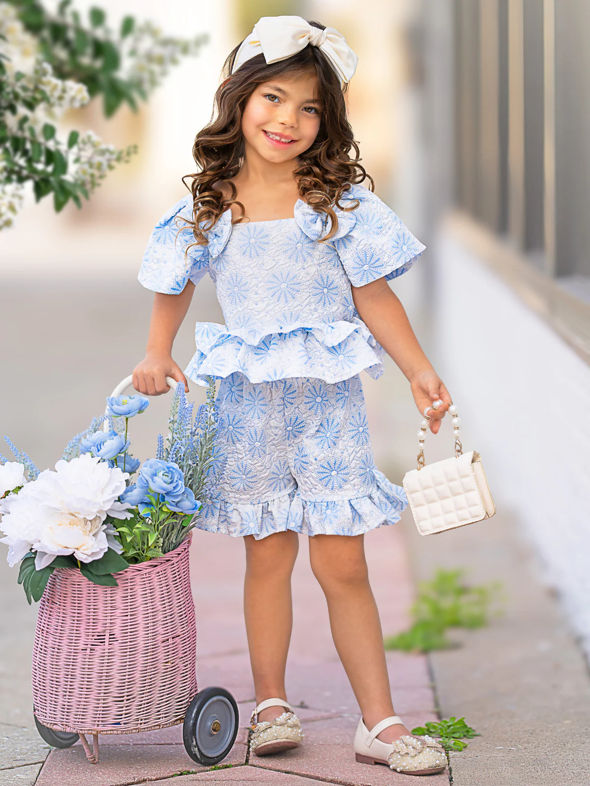 Blue Daisy Flutter Top and Ruffle Short Set - Image 2