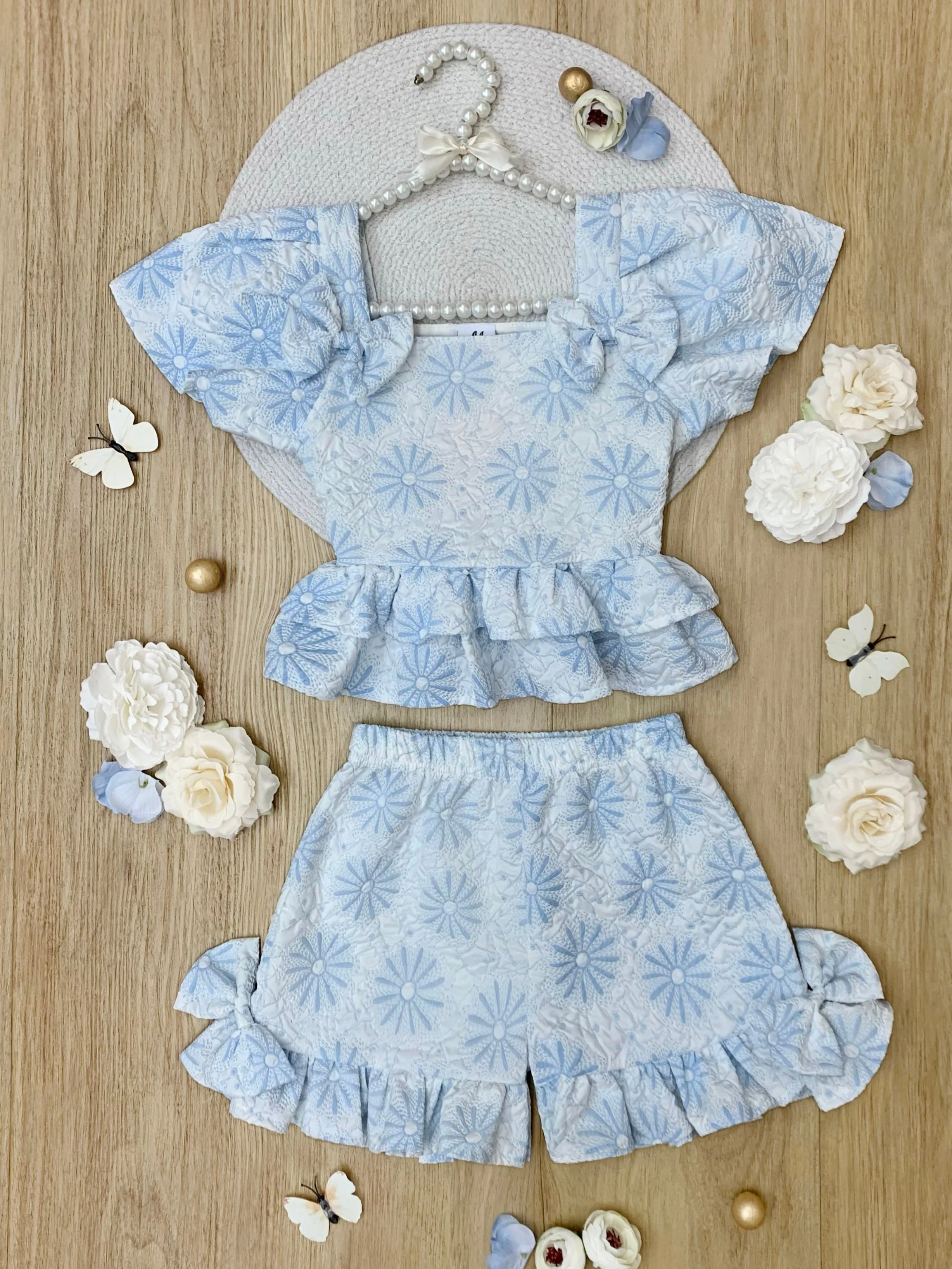 Blue Daisy Flutter Top and Ruffle Short Set - Image 4
