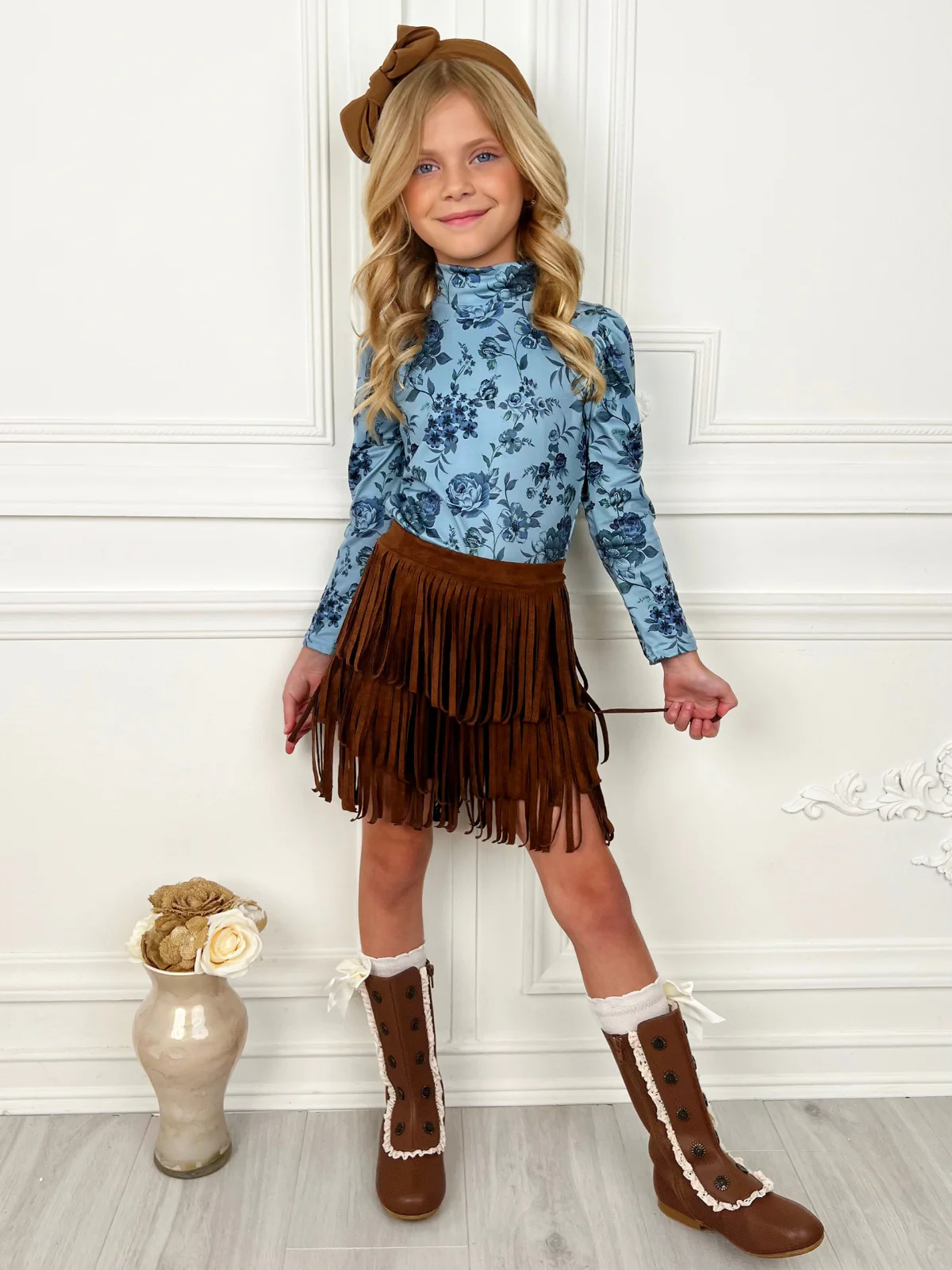 Boho Blue Long Sleeve Top and Fringe Skort Set - Image 2