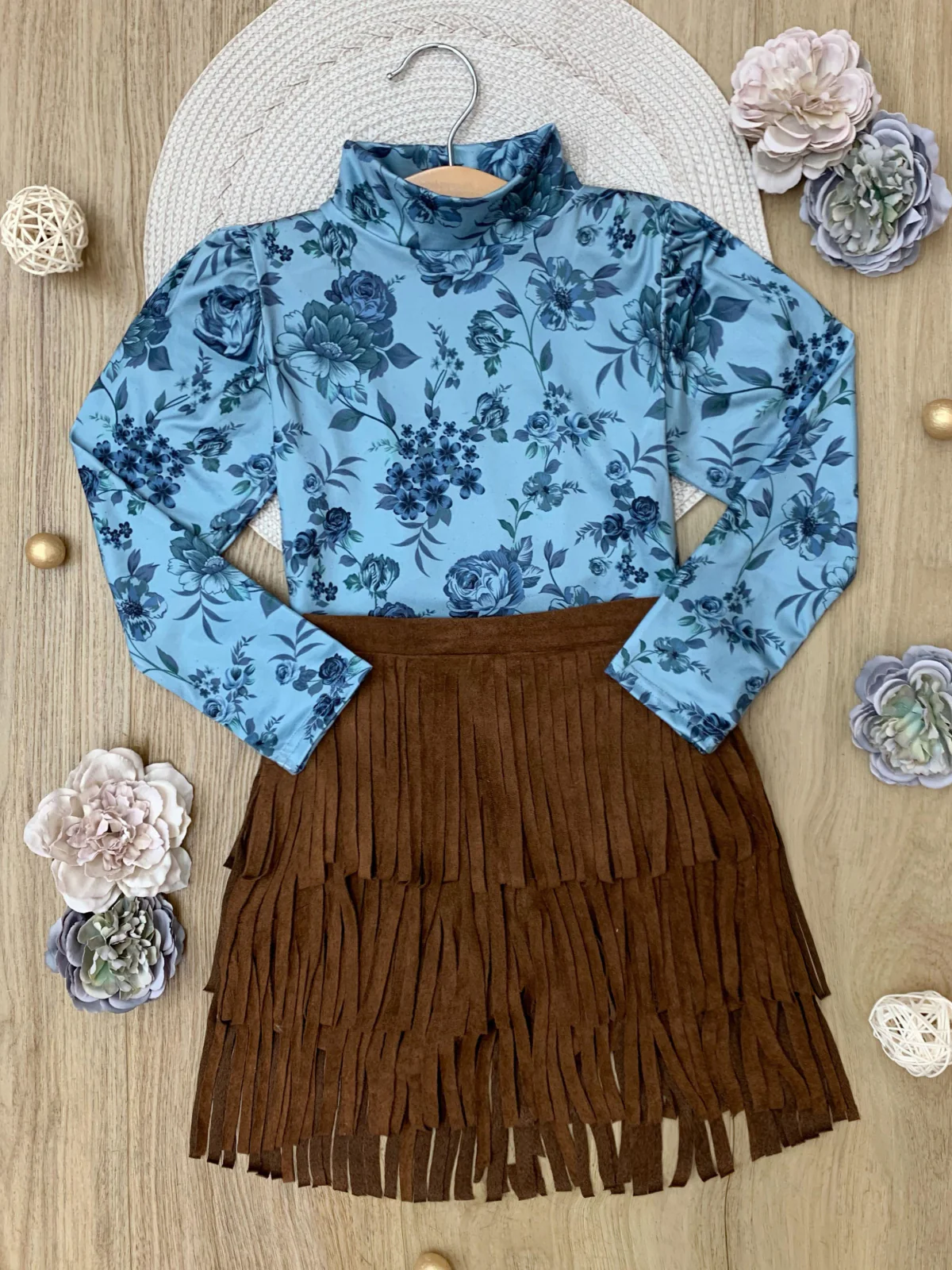Boho Blue Long Sleeve Top and Fringe Skort Set - Image 5