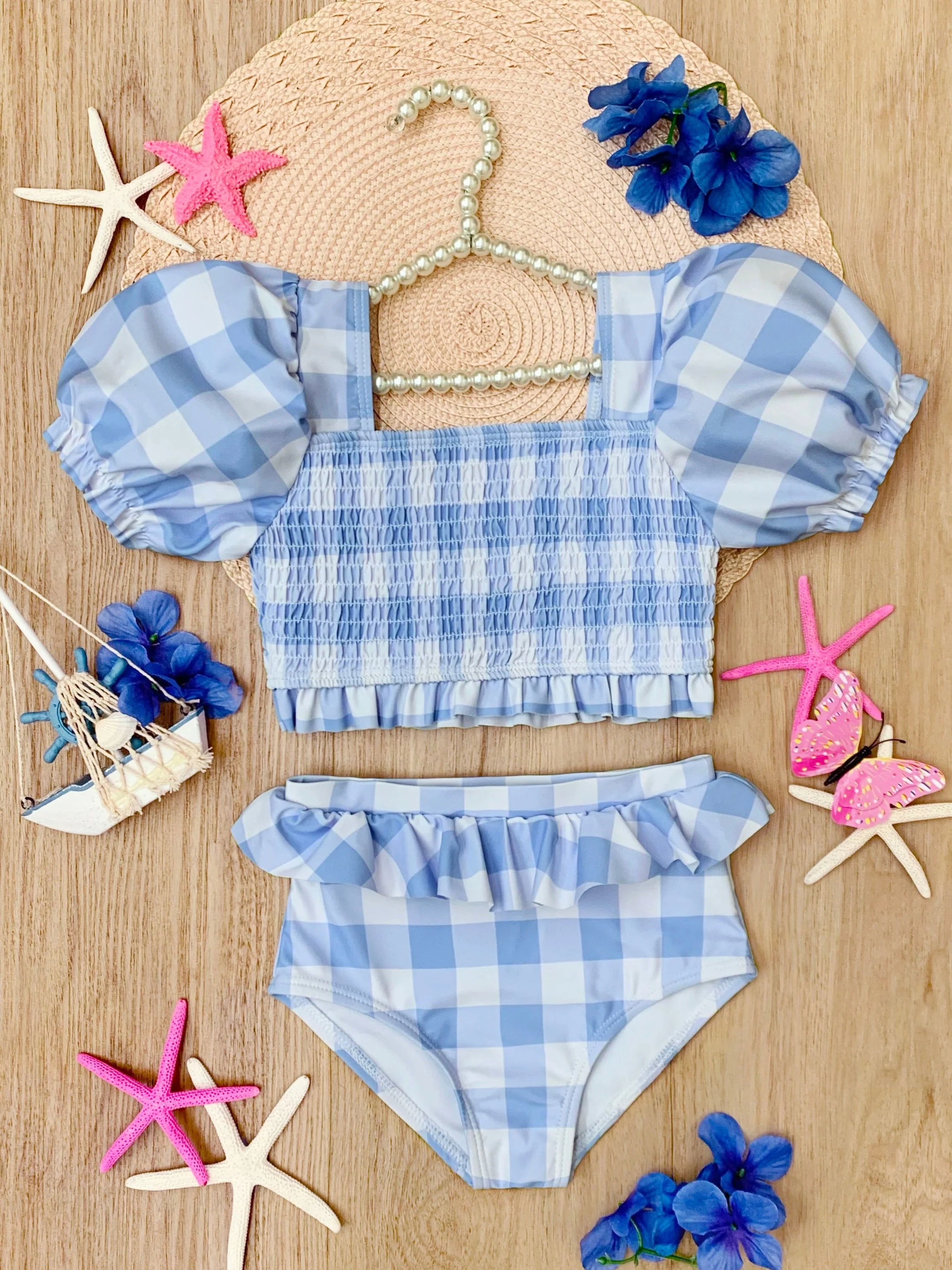 Blue Skies Gingham Puff Sleeve Two-Piece Swimsuit - Image 4