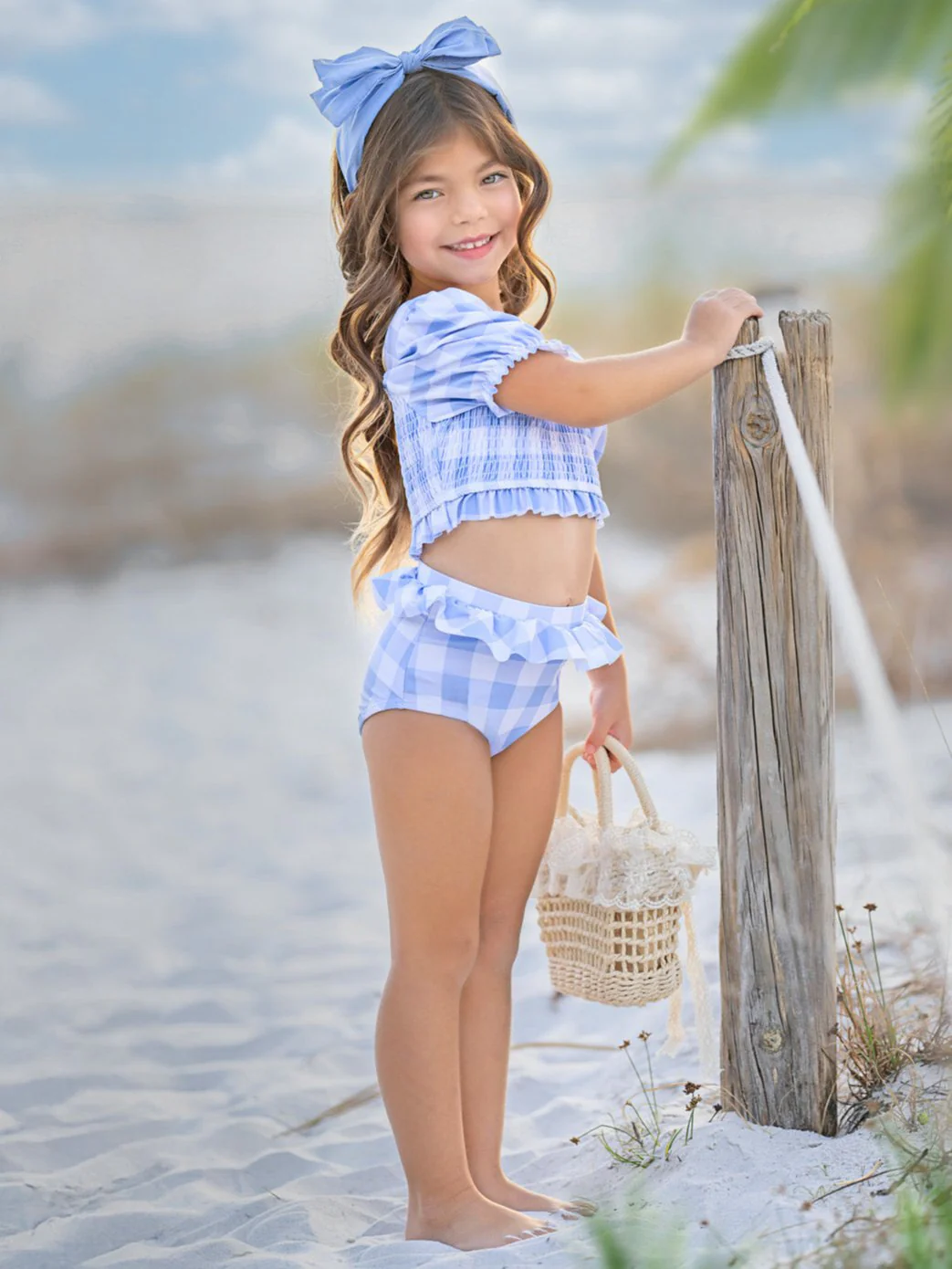 Blue Skies Gingham Puff Sleeve Two-Piece Swimsuit - Image 5