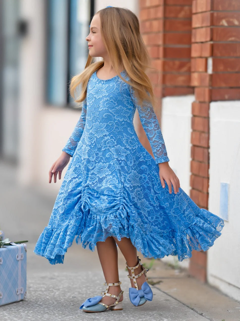 Blue Hi-Lo Drawstring Lace Ruffle Dress - Image 2