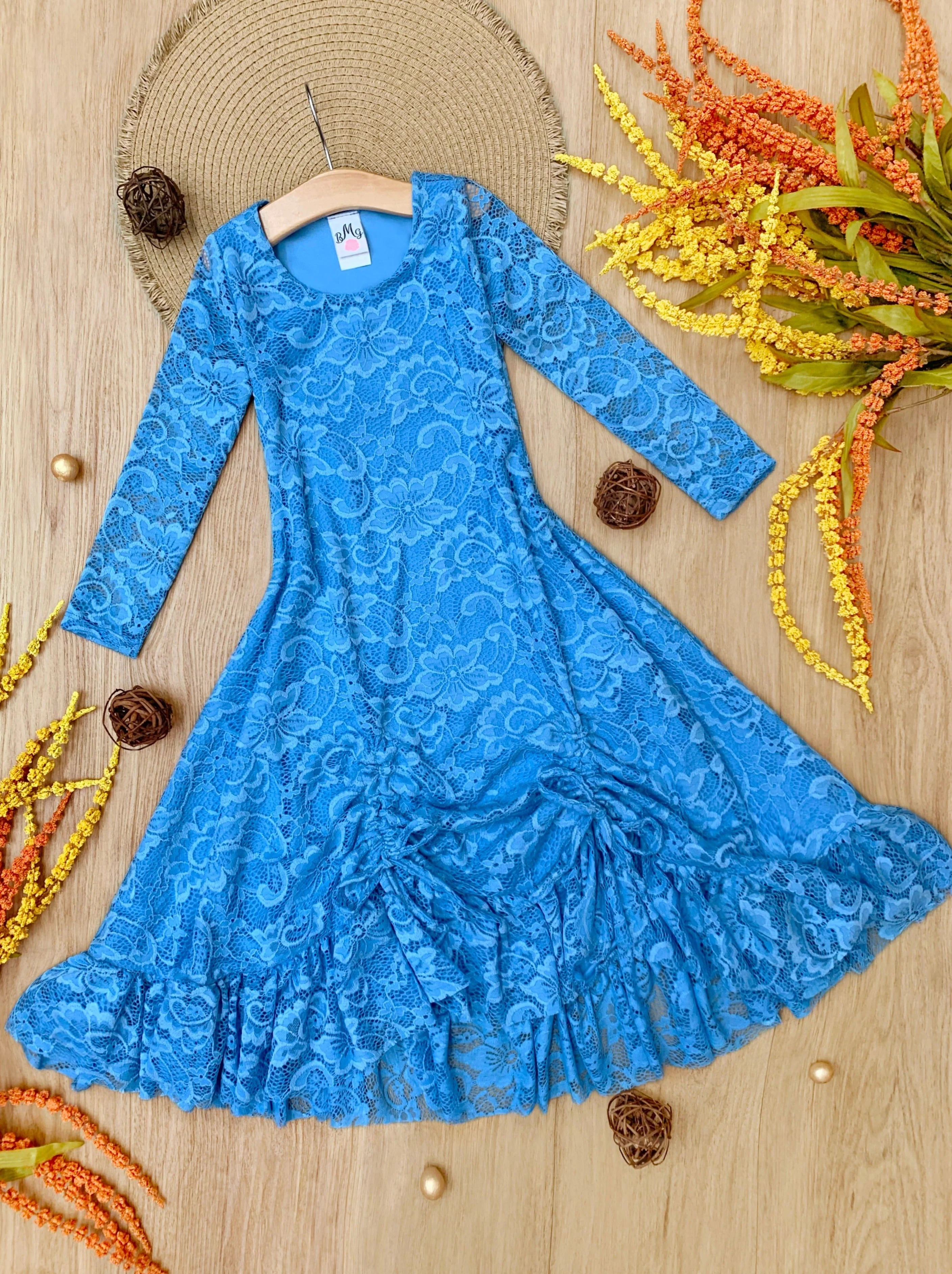Blue Hi-Lo Drawstring Lace Ruffle Dress - Image 3
