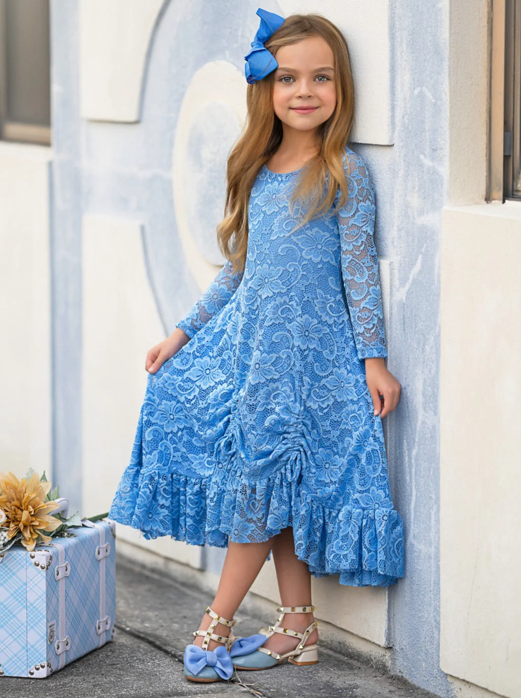 Blue Hi-Lo Drawstring Lace Ruffle Dress - Image 4