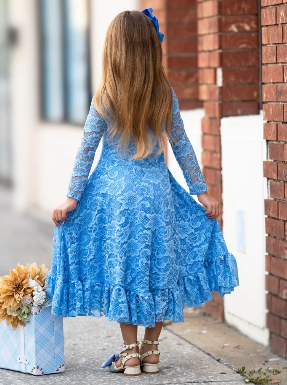Blue Hi-Lo Drawstring Lace Ruffle Dress - Image 5