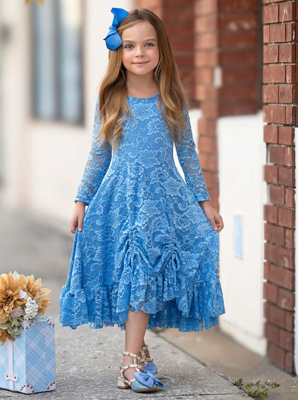 Blue Hi-Lo Drawstring Lace Ruffle Dress - Image 6