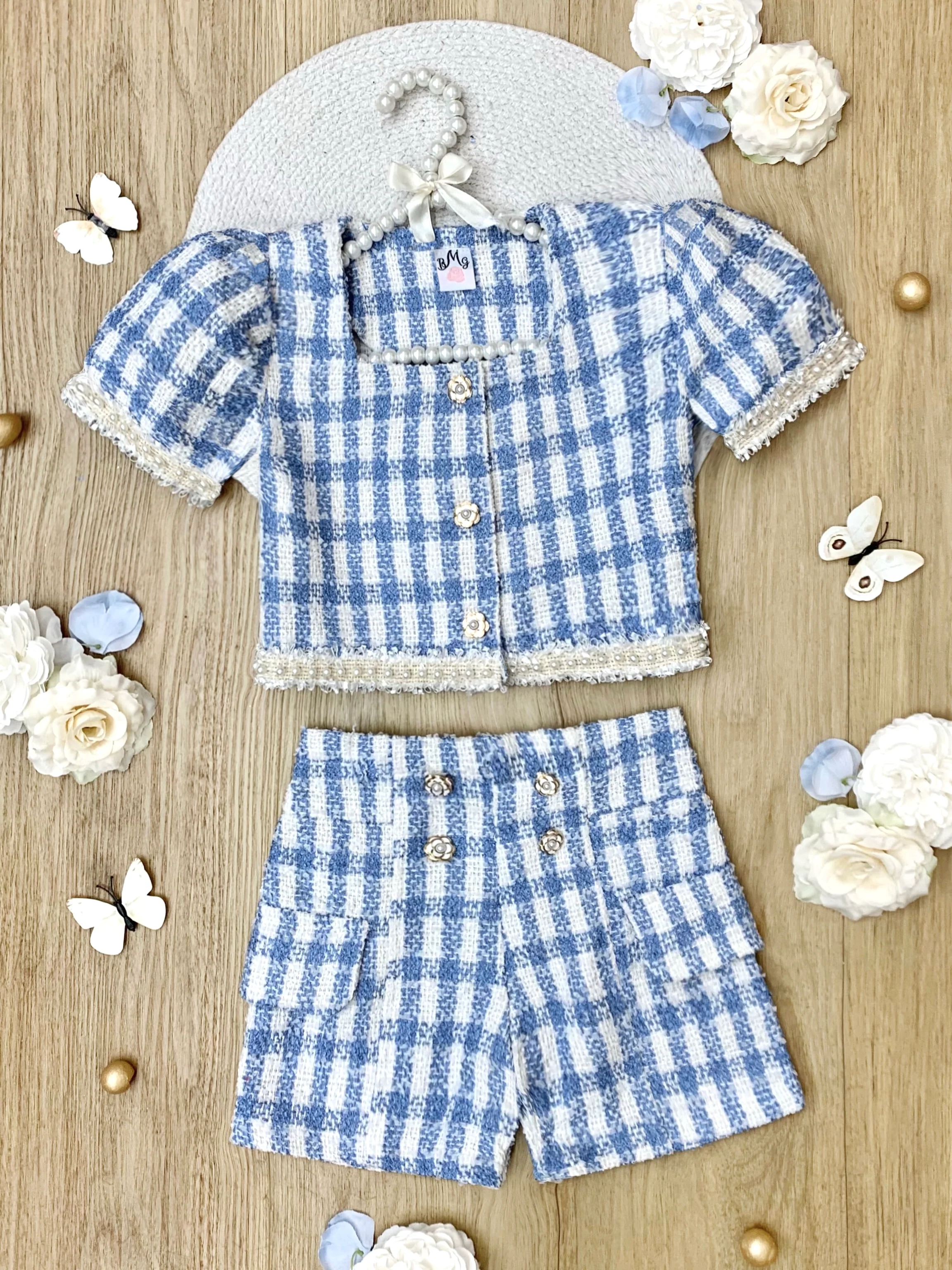 Blue Gingham Puff Sleeve Tweed Top and Short Set - Image 4