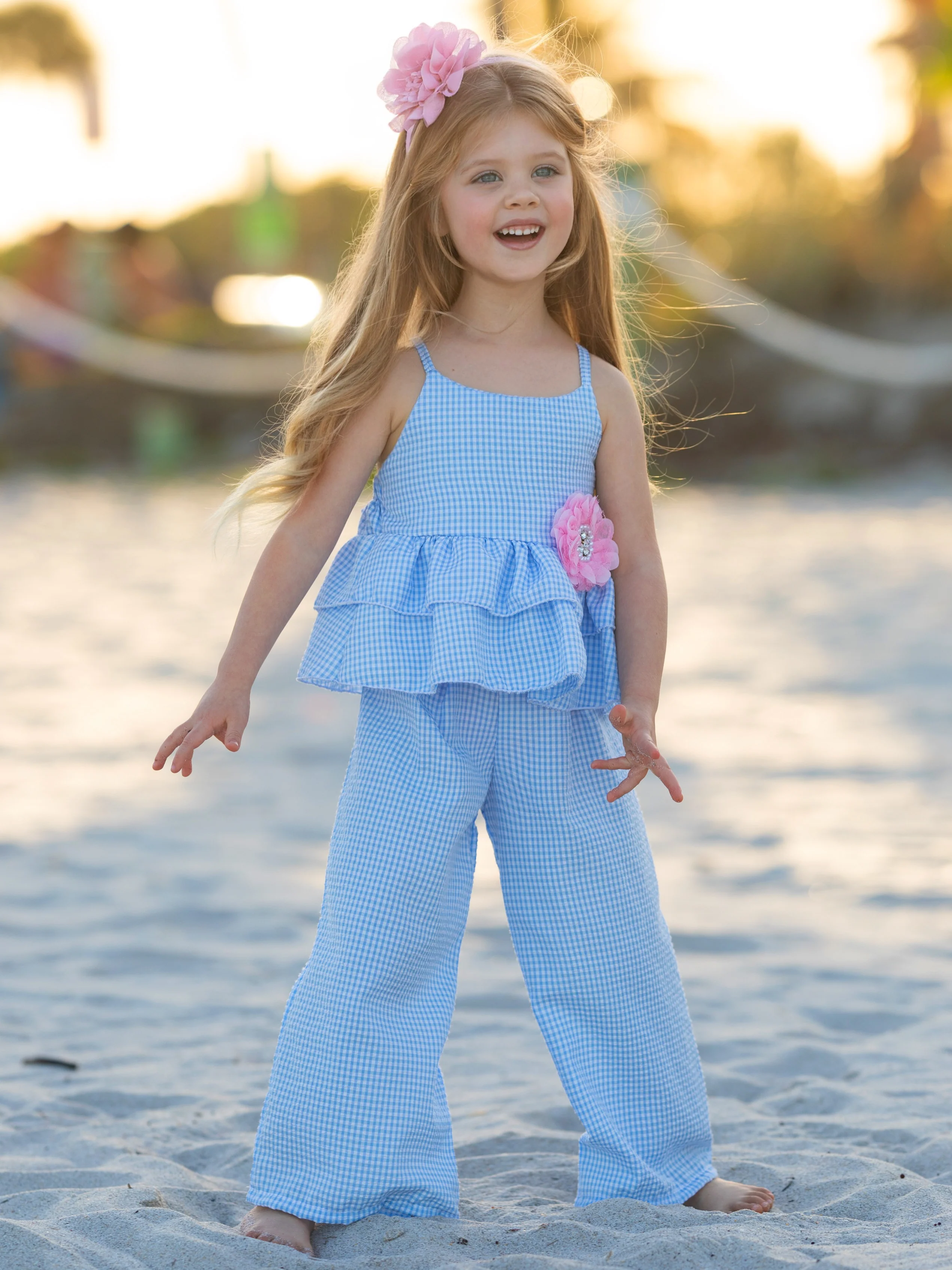 Blue Skies Gingham Top and Palazzo Pants Set - Image 2