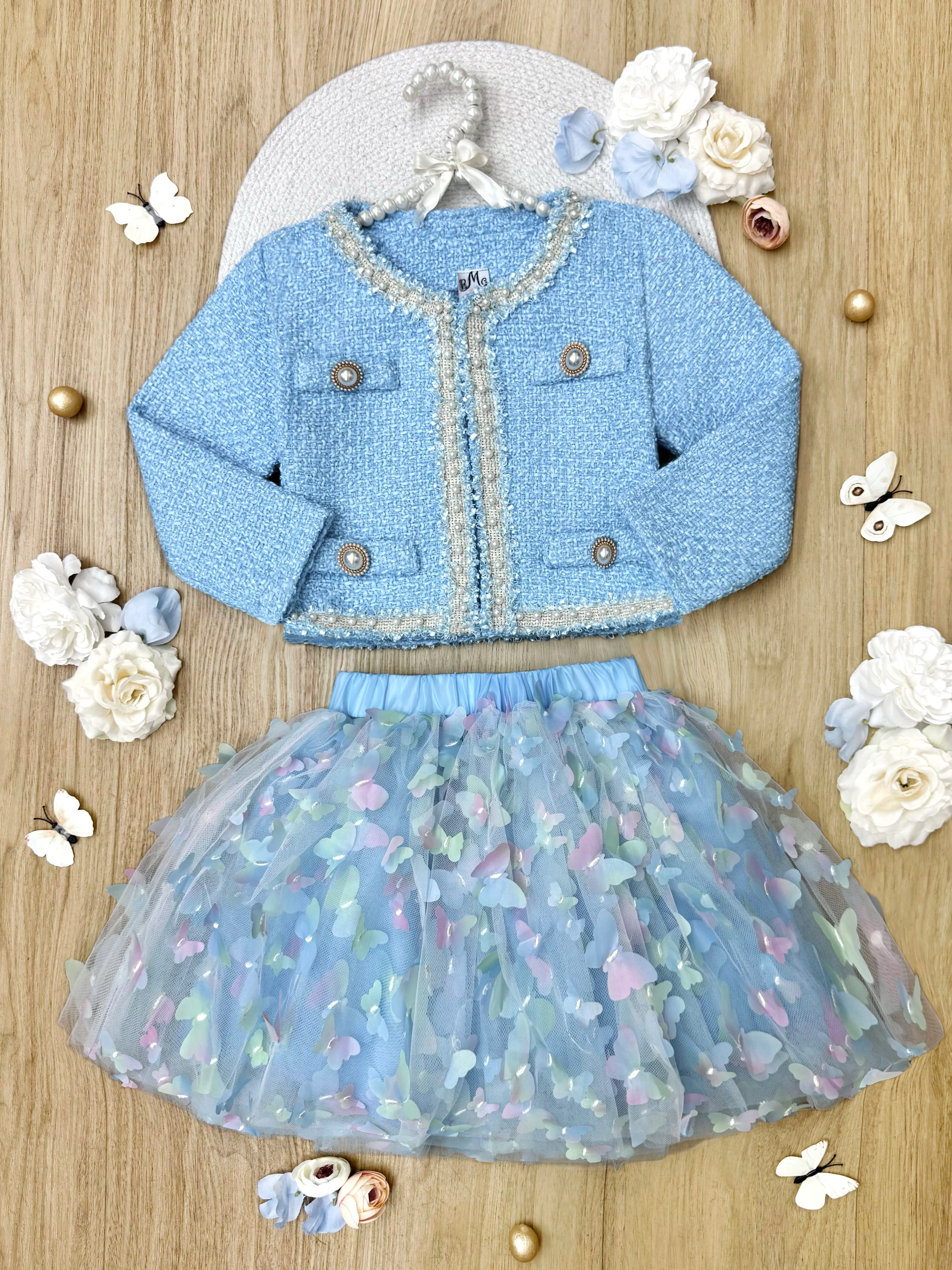 Blue Sparkle Tweed Jacket & Butterfly Tutu Skirt Set - Image 2