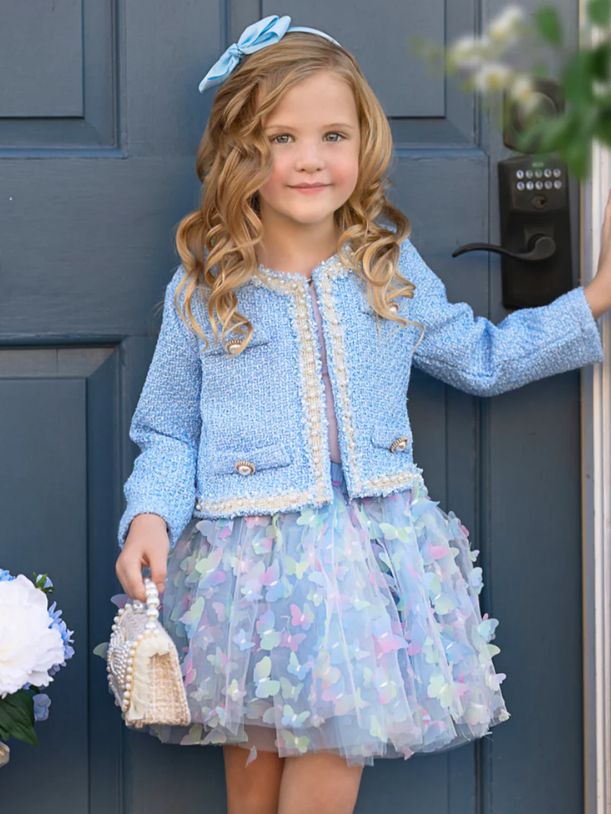 Blue Sparkle Tweed Jacket & Butterfly Tutu Skirt Set - Image 3