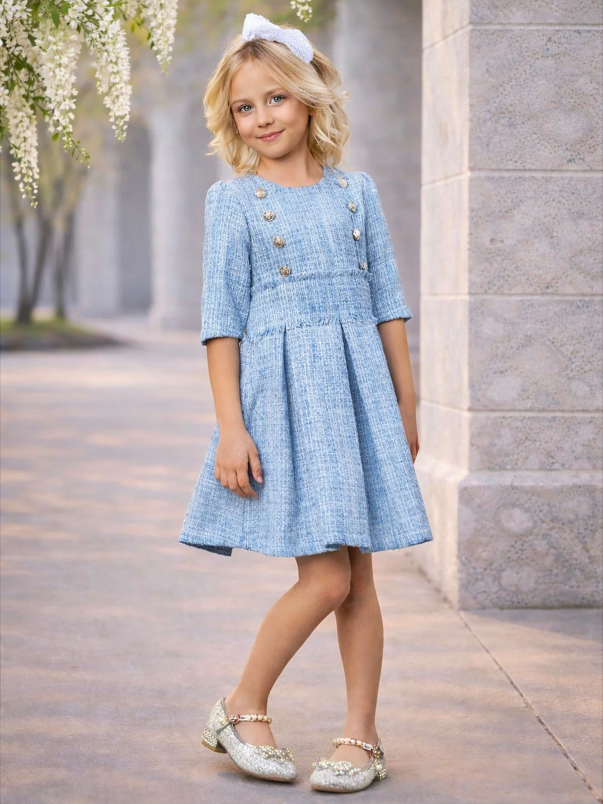 Bluebell Pearl Button Tweed Party Dress - Image 2