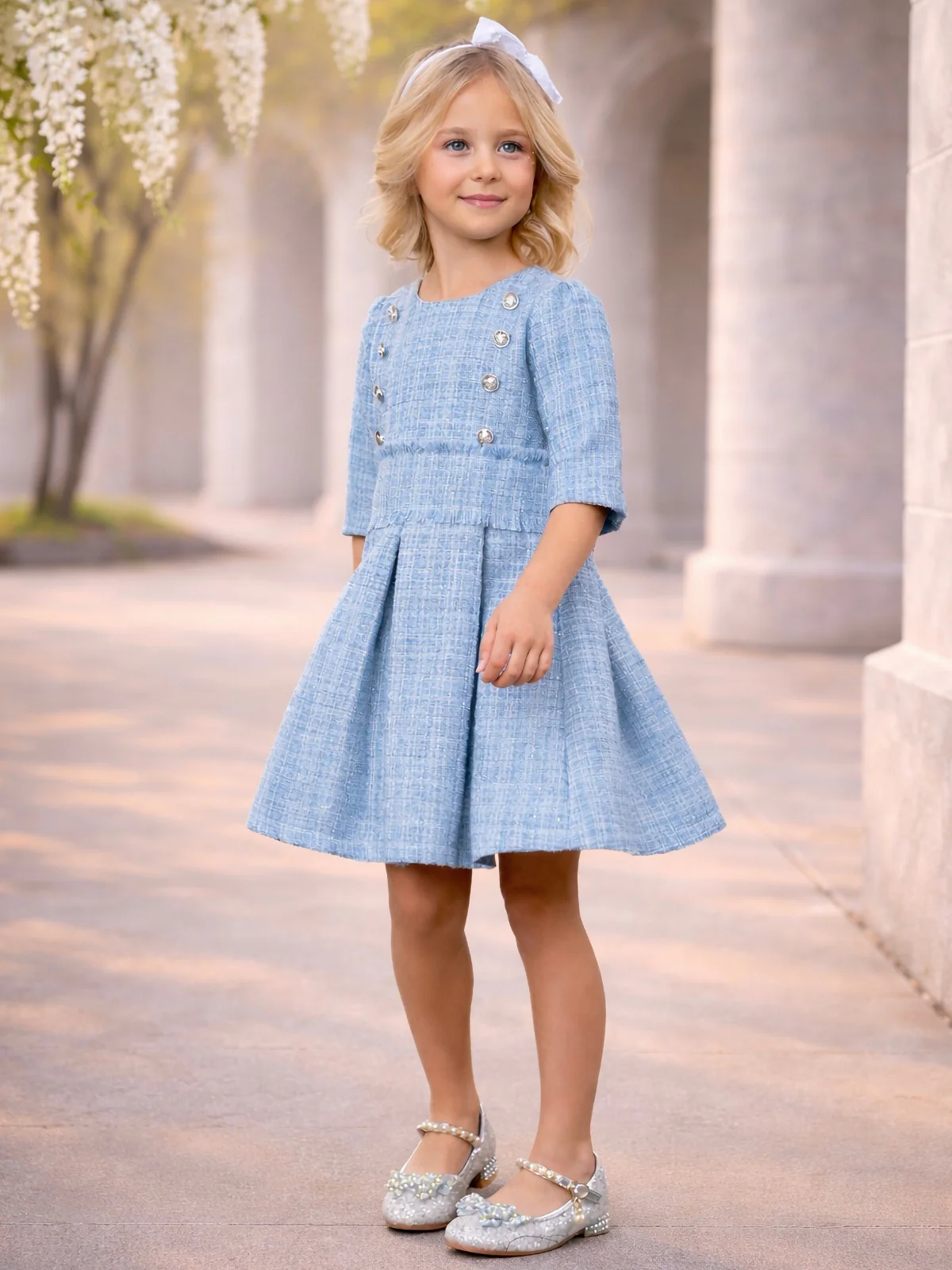Bluebell Pearl Button Tweed Party Dress - Image 4