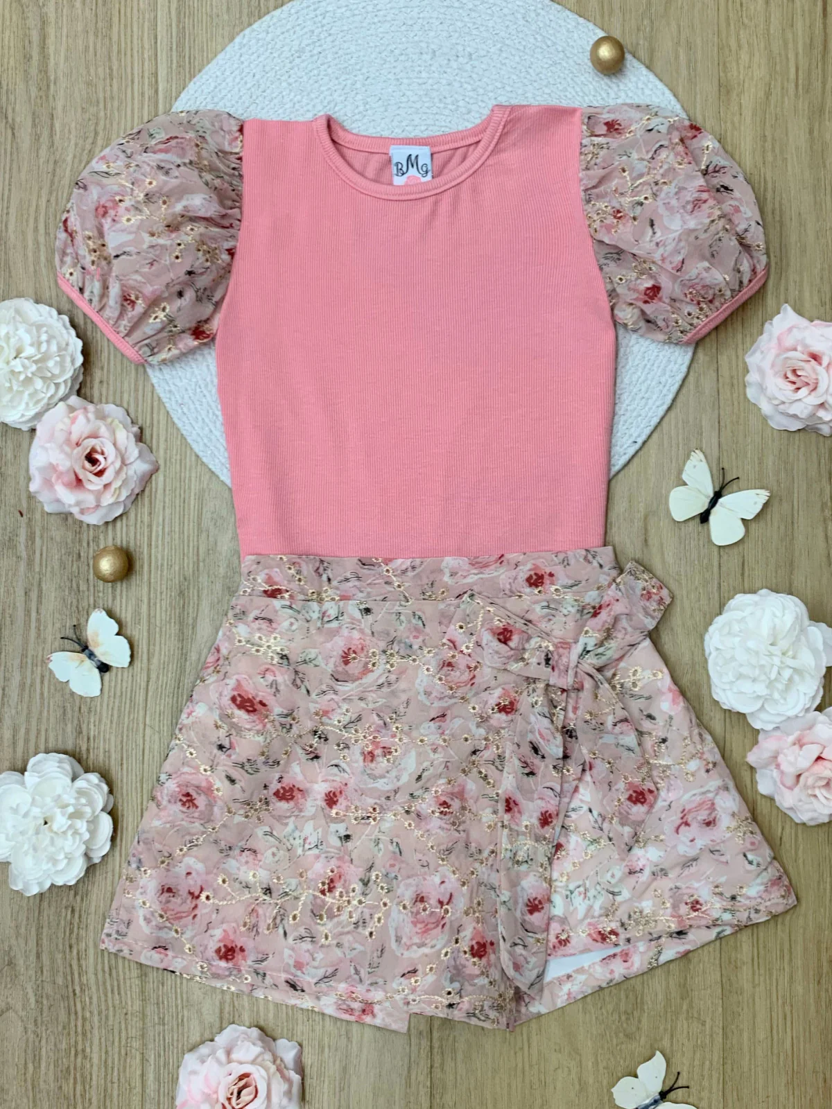 Blush Blossom Puff Sleeve Top and Eyelet Floral Skort Set - Image 3