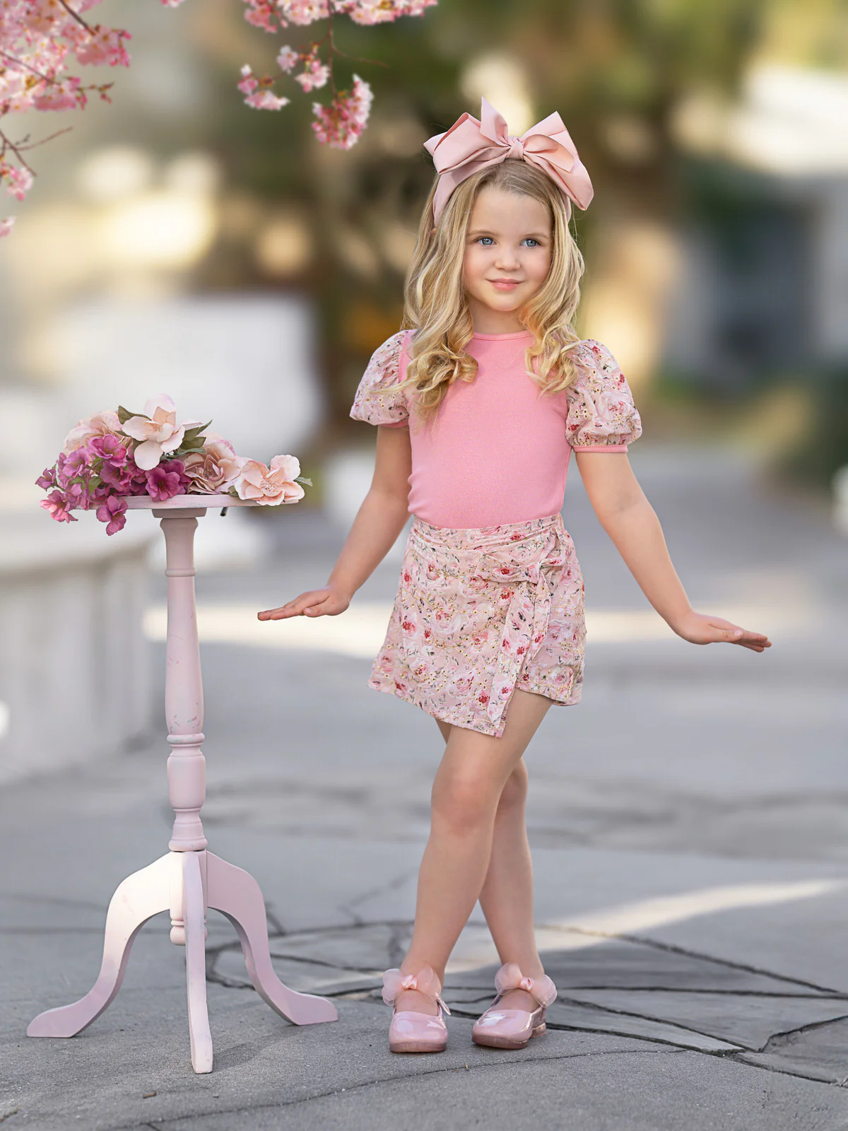 Blush Blossom Puff Sleeve Top and Eyelet Floral Skort Set - Image 5
