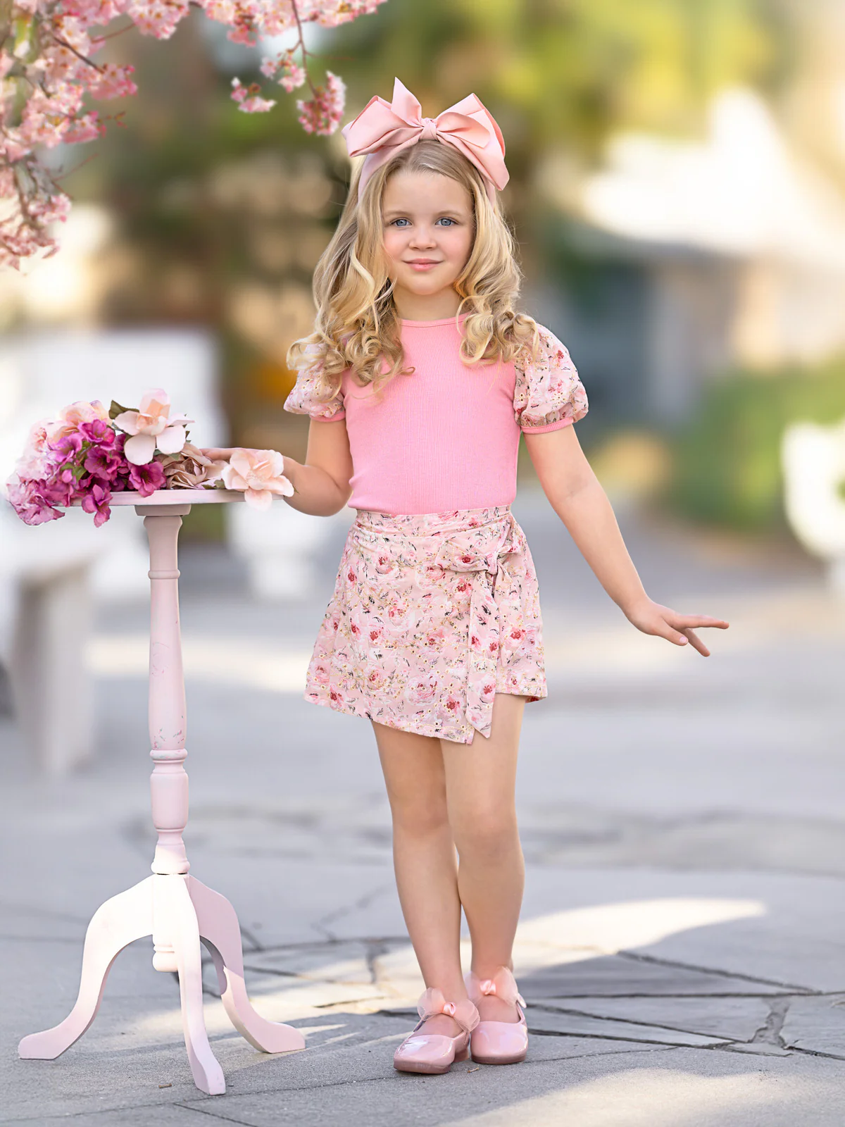 Blush Blossom Puff Sleeve Top and Eyelet Floral Skort Set - Image 6