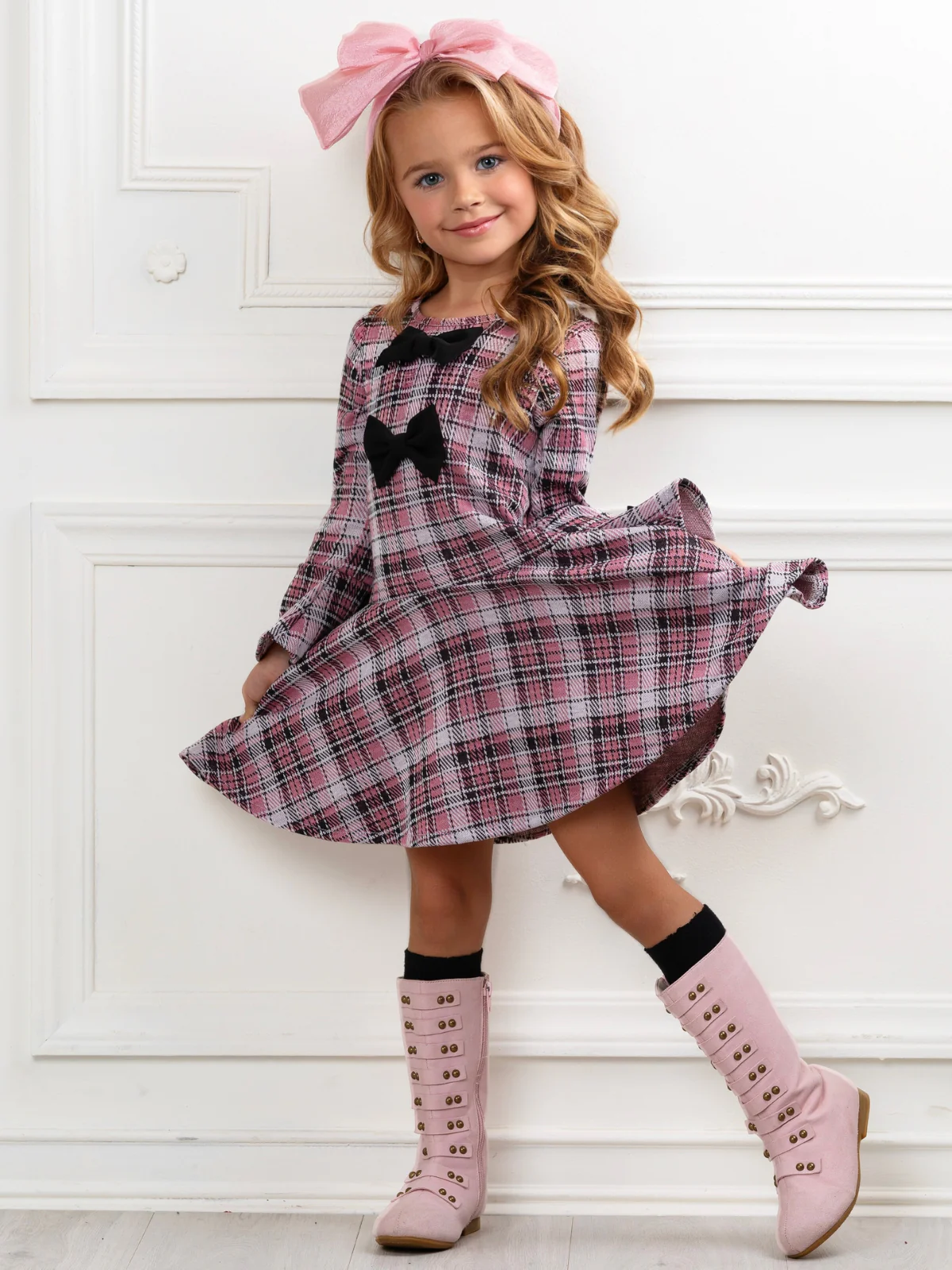Blush Charm Bow Plaid Bell Sleeve Dress - Image 2