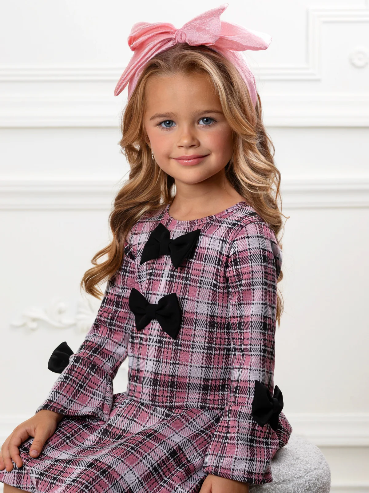 Blush Charm Bow Plaid Bell Sleeve Dress - Image 3