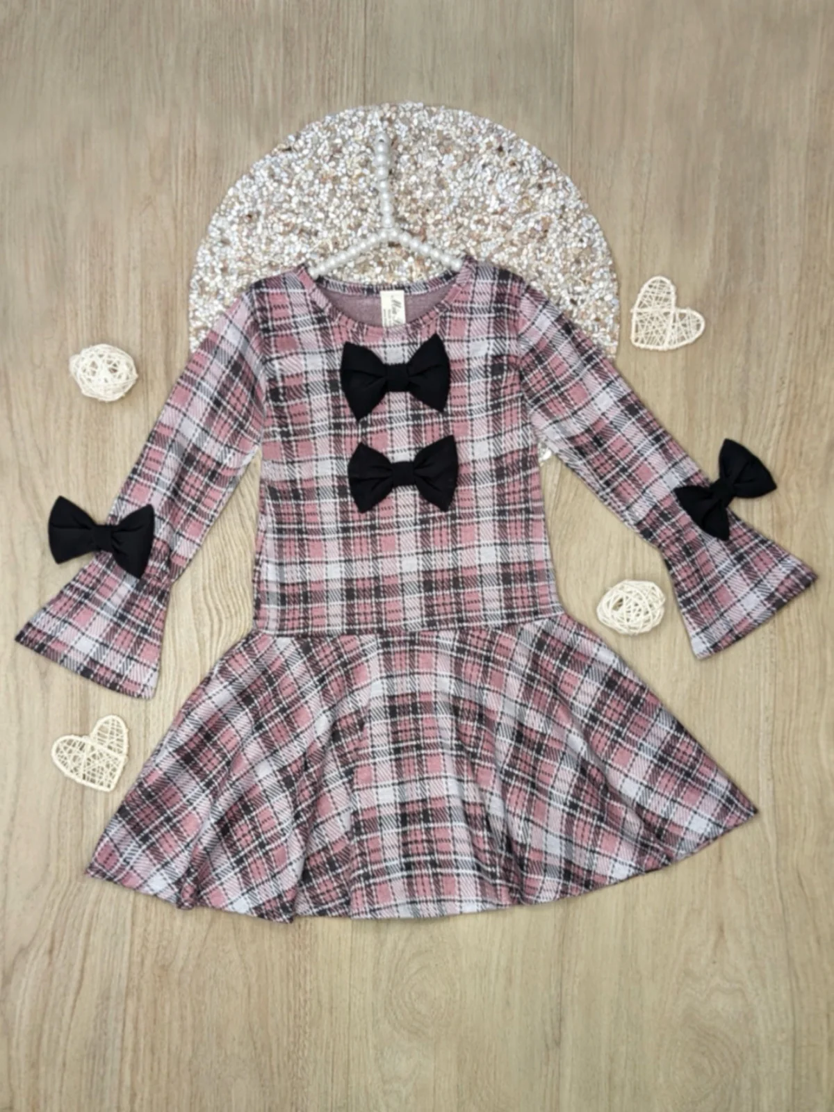 Blush Charm Bow Plaid Bell Sleeve Dress - Image 4
