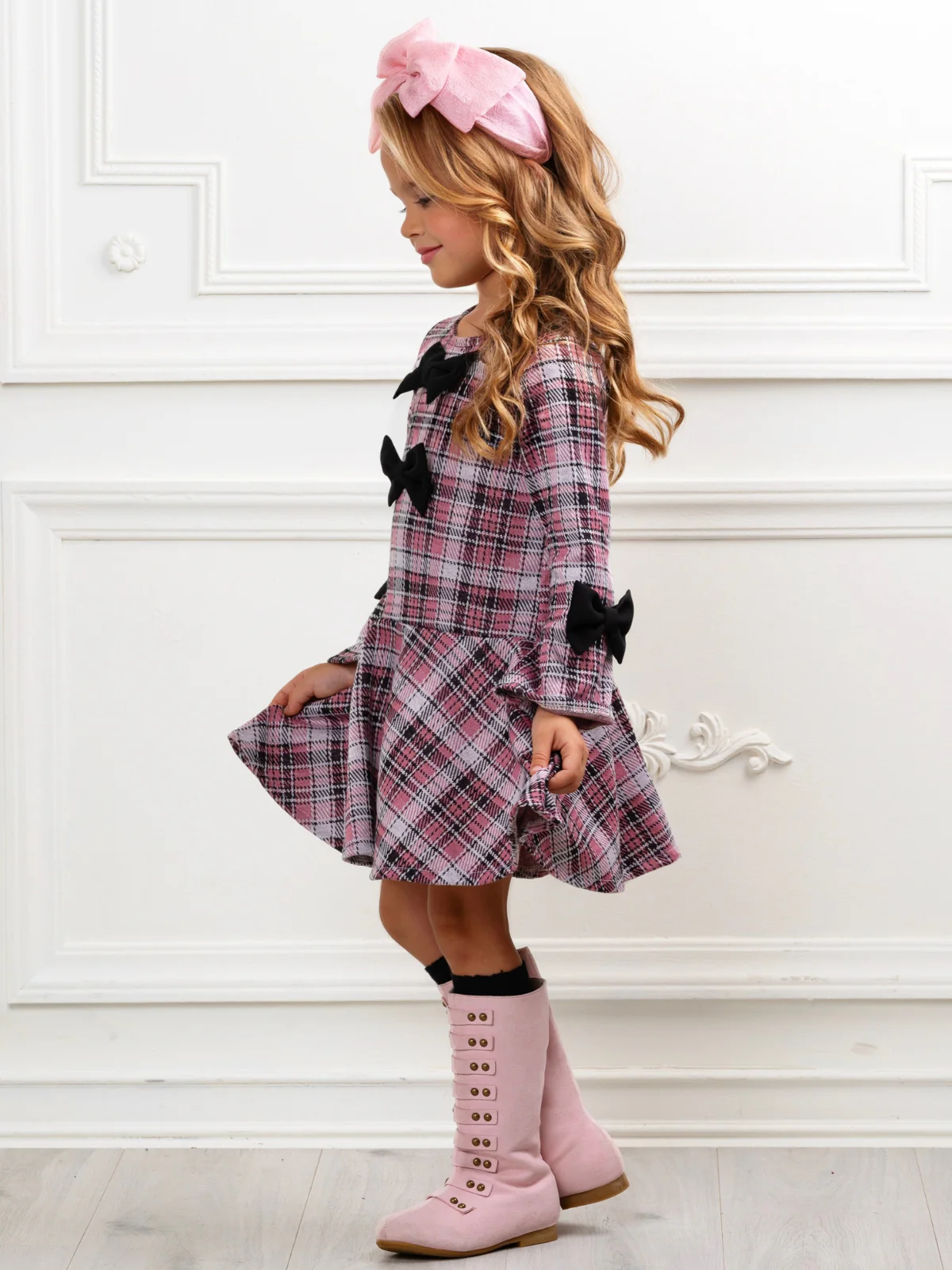 Blush Charm Bow Plaid Bell Sleeve Dress - Image 5