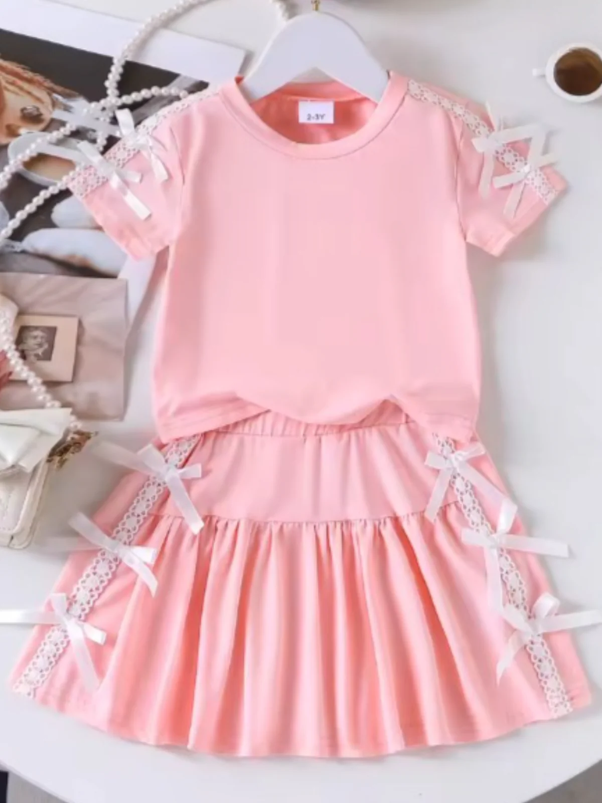 Blush Darling Pink Lace Bow Top and Tennis Skirt Set - Image 2