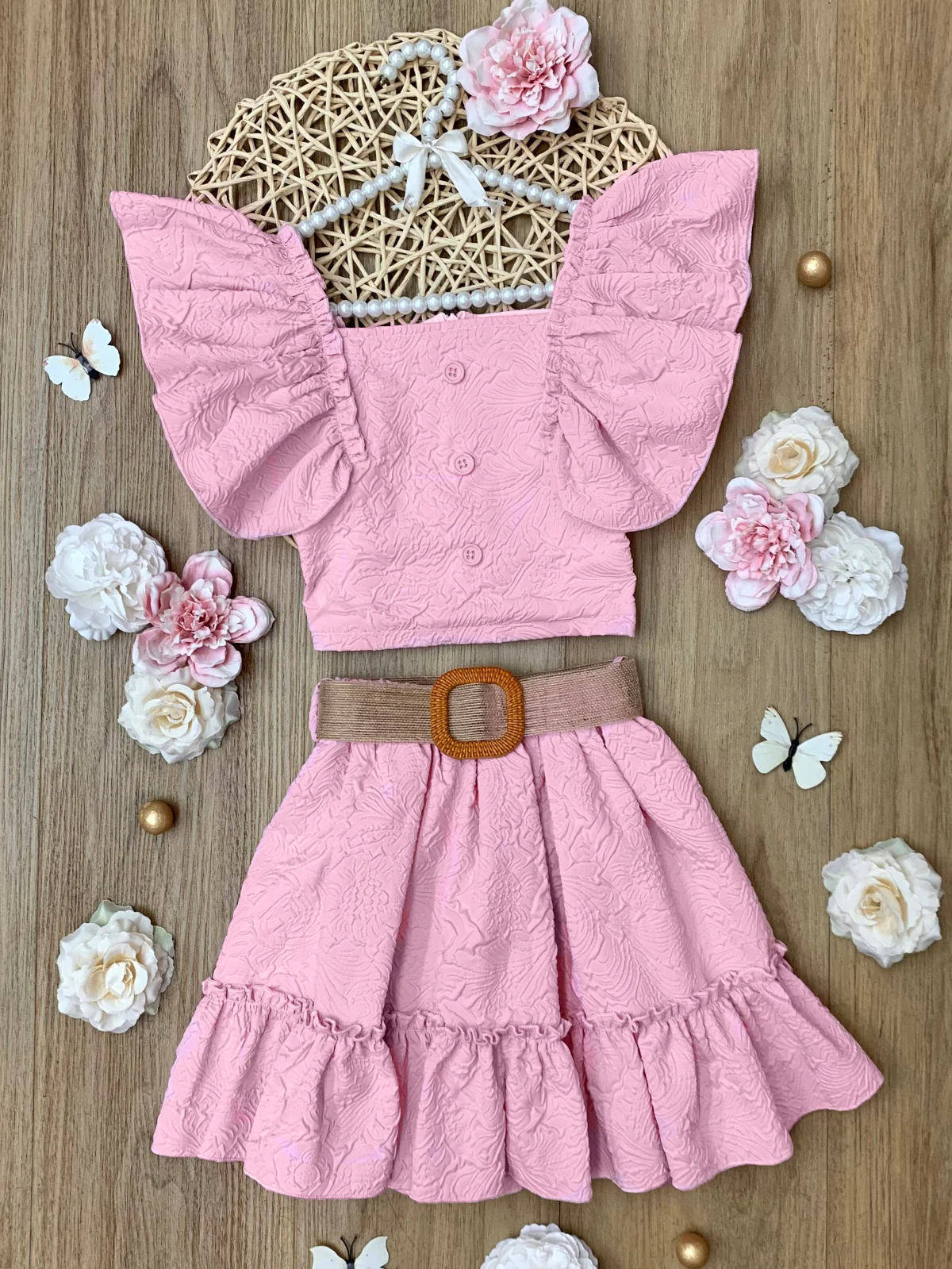 Blush Pink Ruffle Sleeve Belted Skirt Set - Image 2